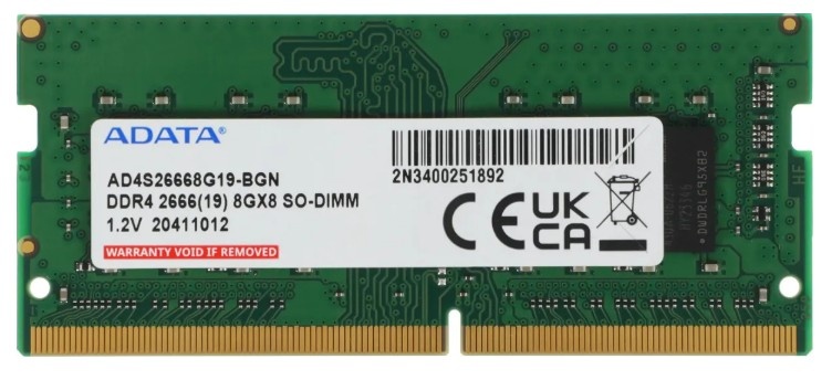 Оперативная память ADATA, DDR4, 8Gb (1x8GB), 2666MHz, CL19, SO-DIMM