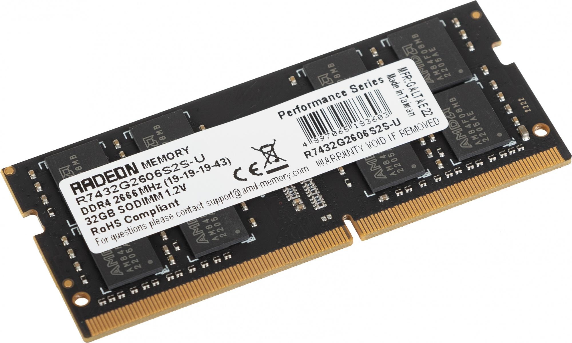Оперативная память AMD Radeon R7, 32GB, DDR4, 2666MHz, CL19, SO-DIMM