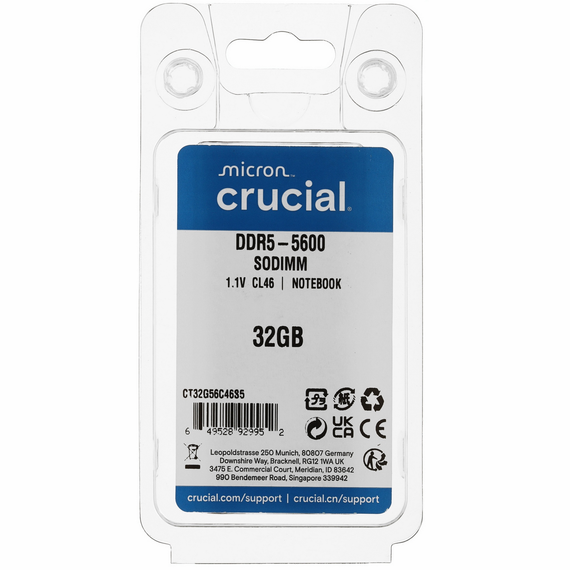 Оперативная память Crucial, DDR5, 32GB (1x32GB), 5600MHz, CL46 SO-DIMM