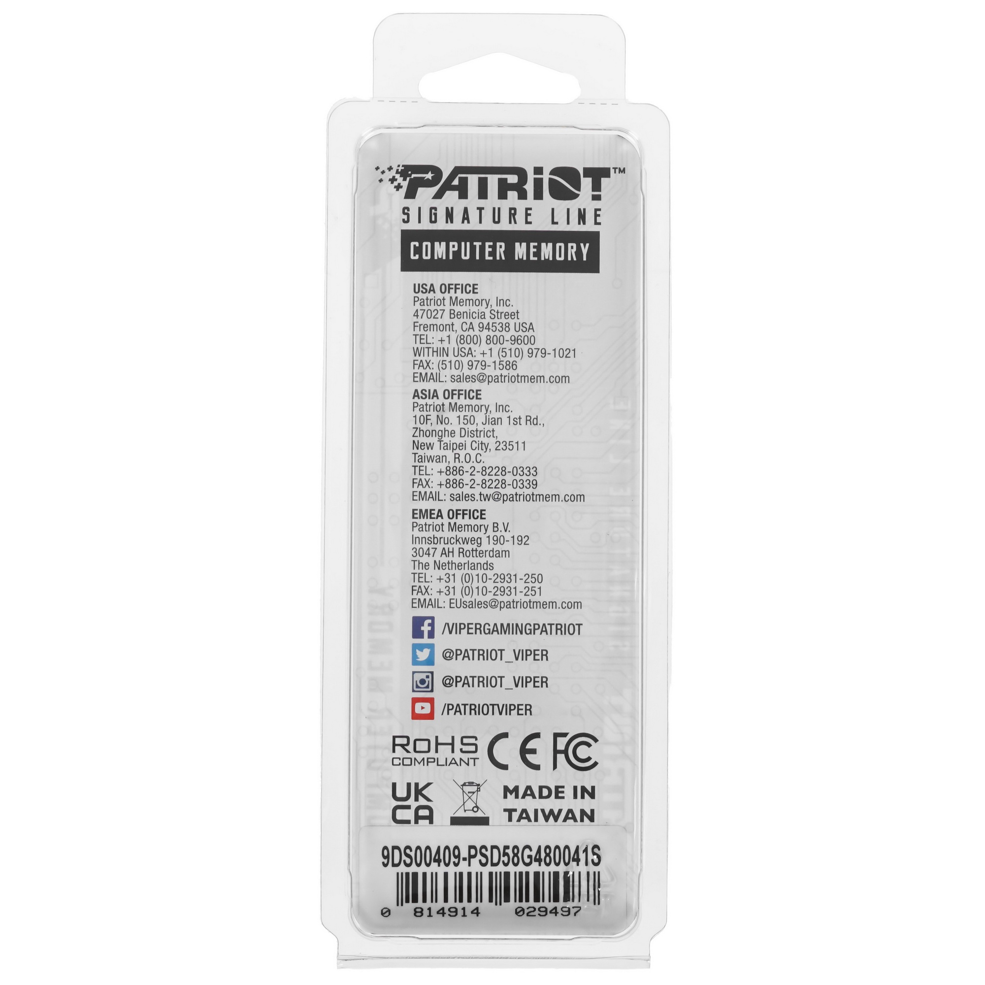 Оперативная память Patriot, DDR5, 8GB (1x8 GB), 4800 MHz, CL40, SO-DIMM