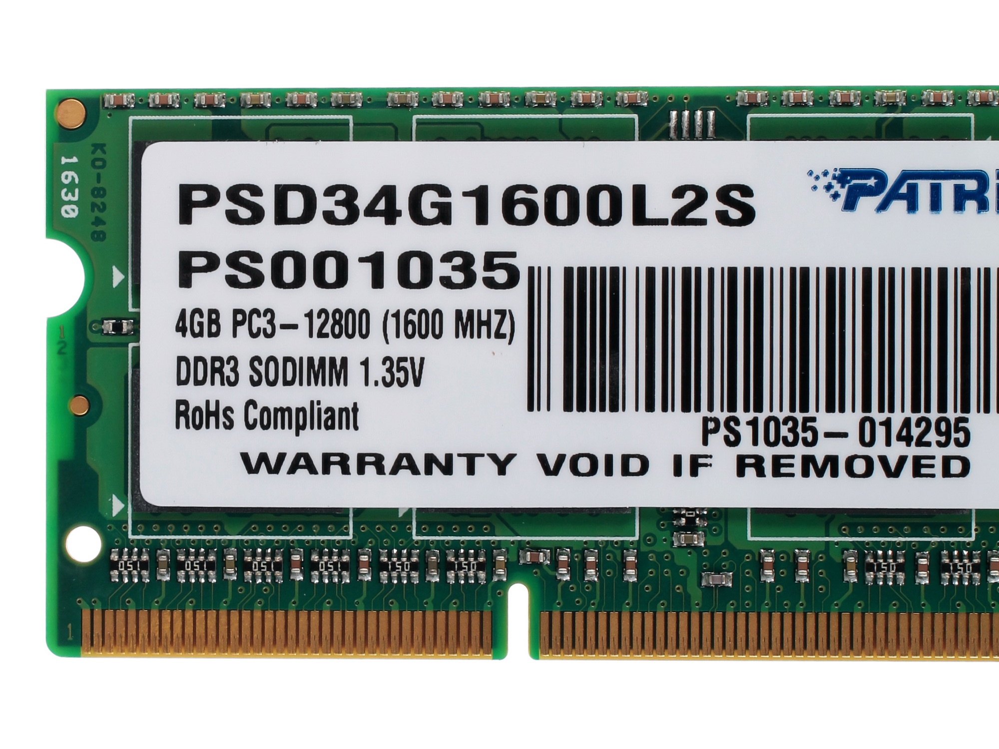 Оперативная память Patriot, DDR3L, 4GB (1x4 GB), 1600 MHz, CL11, SO-DIMM