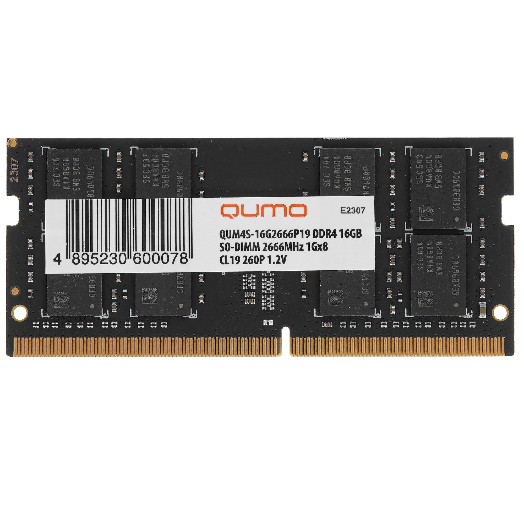 Оперативная память QUMO QUM4S-16G2666P19, DDR4, 16GB (1x16 GB), 2666 MHz, CL19, SO-DIMM
