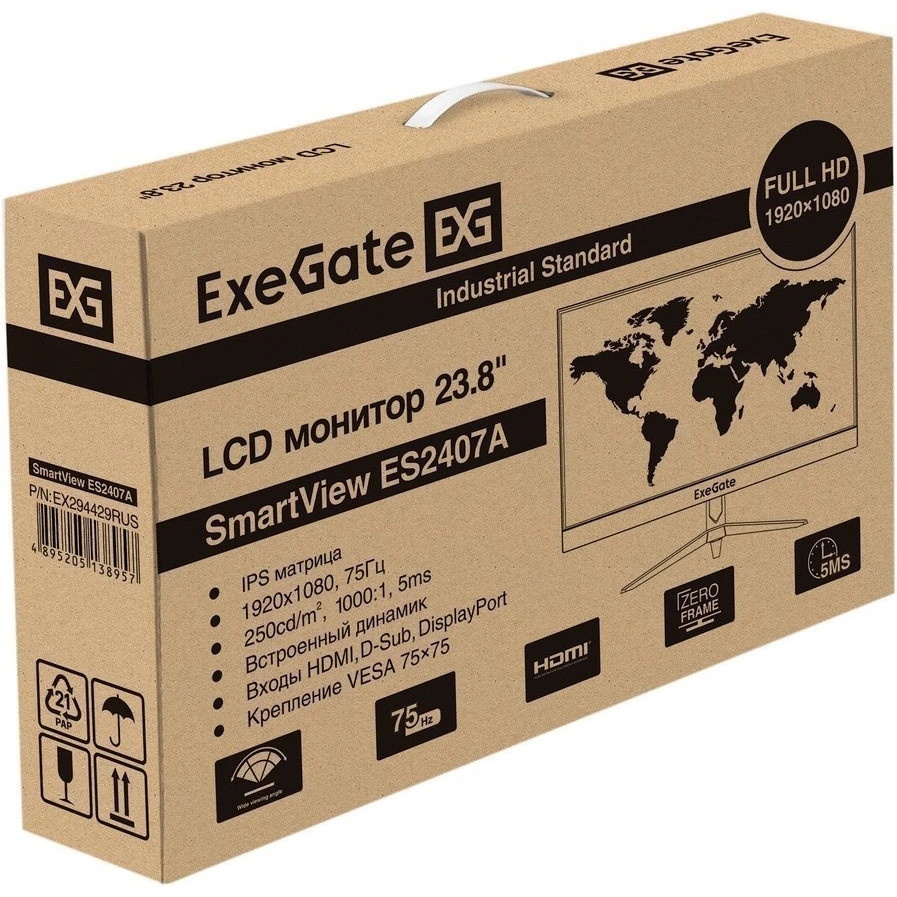 Монитор 24" ExeGate SmartView ES2407A IPS 1920x1080, 75 Гц, 5 мс, 16:9, 250 кд/м2, 1xHDMI, 1xDP, 1xV