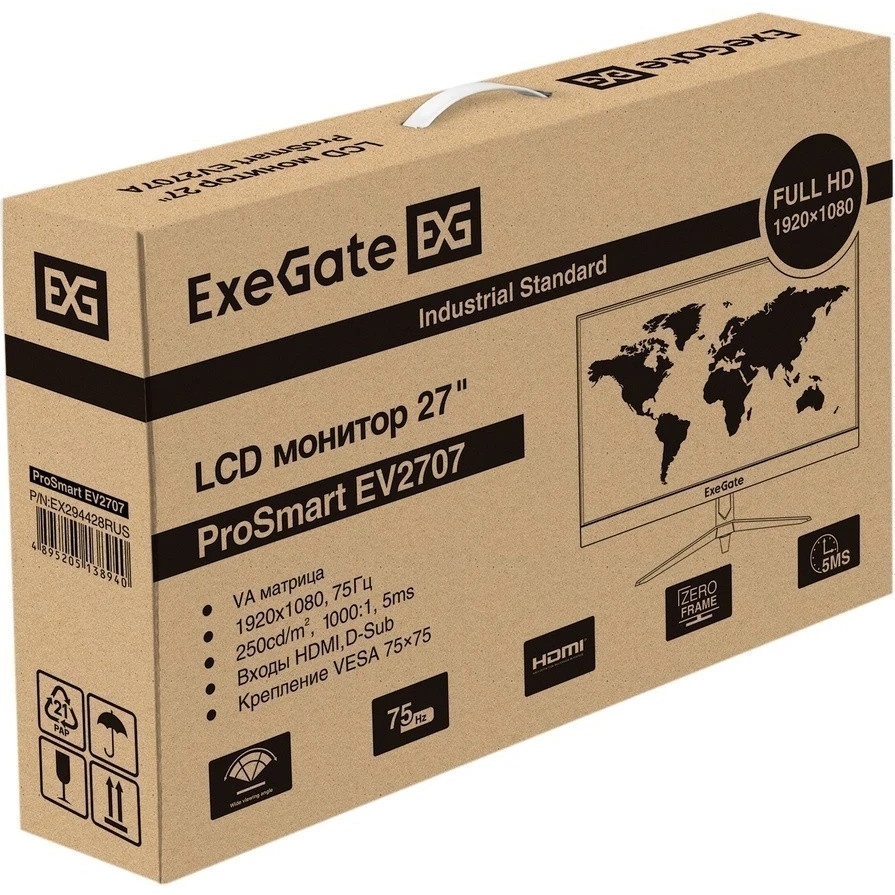 Монитор 27" ExeGate ProSmart EV2707 VA 1920x1080, 75 Гц, 5 мс, 16:9, 250 кд/м2, 1xHDMI, 1xVGA, черны