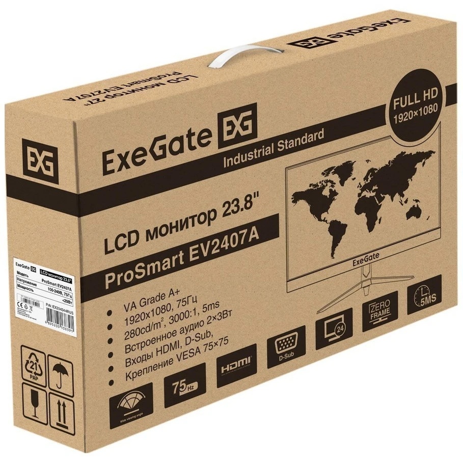 Монитор 23.8" ExeGate ProSmart EV2407A VA 1920x1080, 60 Гц, 5 мс, 16:9, 280 кд/м2, 1xHDMI, 1xVGA, 1x