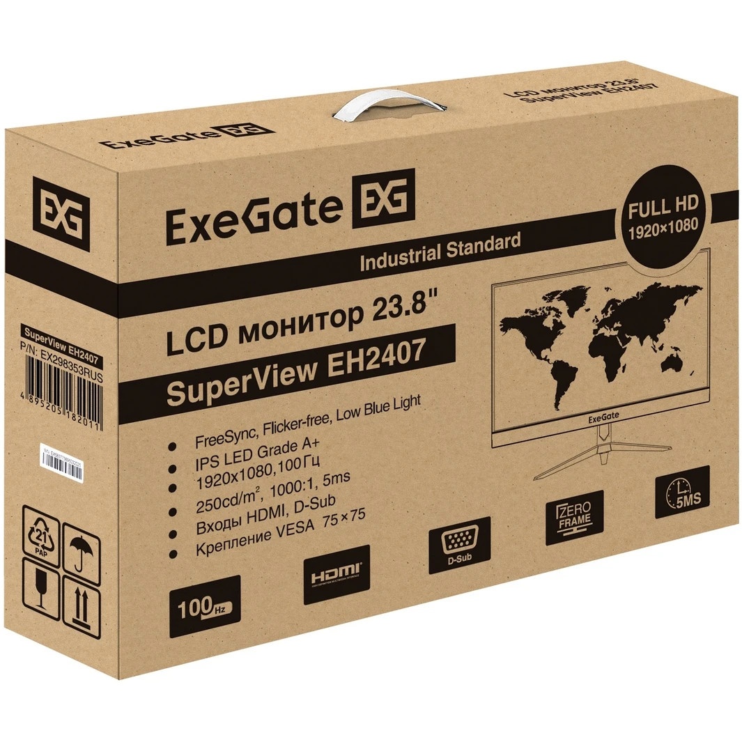 Монитор 23.8" ExeGate SuperView EH2407 черный 100 Гц (IPS LED Grade A+, FHD, 1920x1080@100Гц, 16:9,
