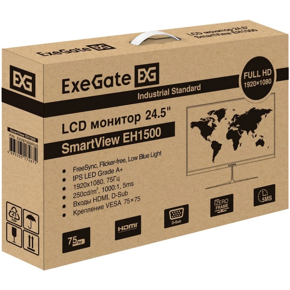 Монитор 24.5" ExeGate SmartView EH1500 IPS 1920x1080, 75 Гц, 5 мс, 16:9, 250 кд/м², 1xHDMI, 1xVGA, ч