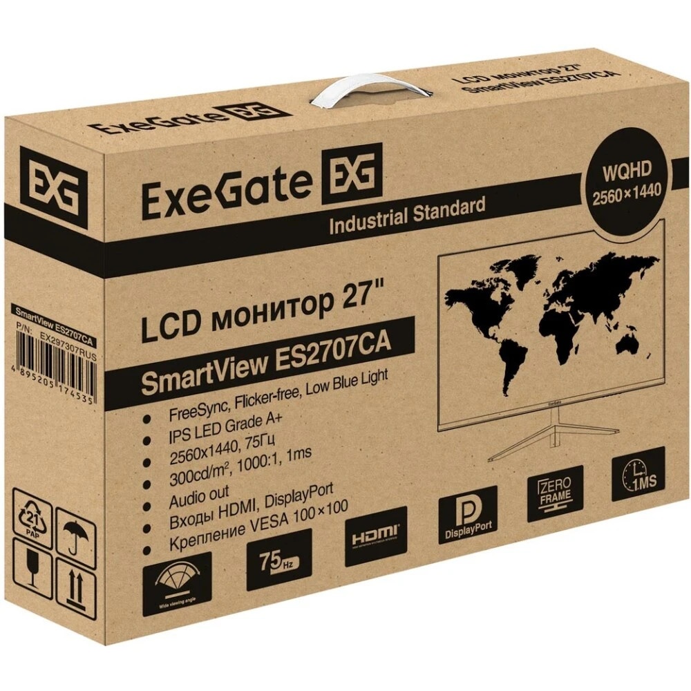 Монитор 27" ExeGate SmartView ES2707CA IPS 2560x1440, 75 Гц, 1 мс, 16:9, 300 кд/м2, 1xHDMI, 1хDP, 1x