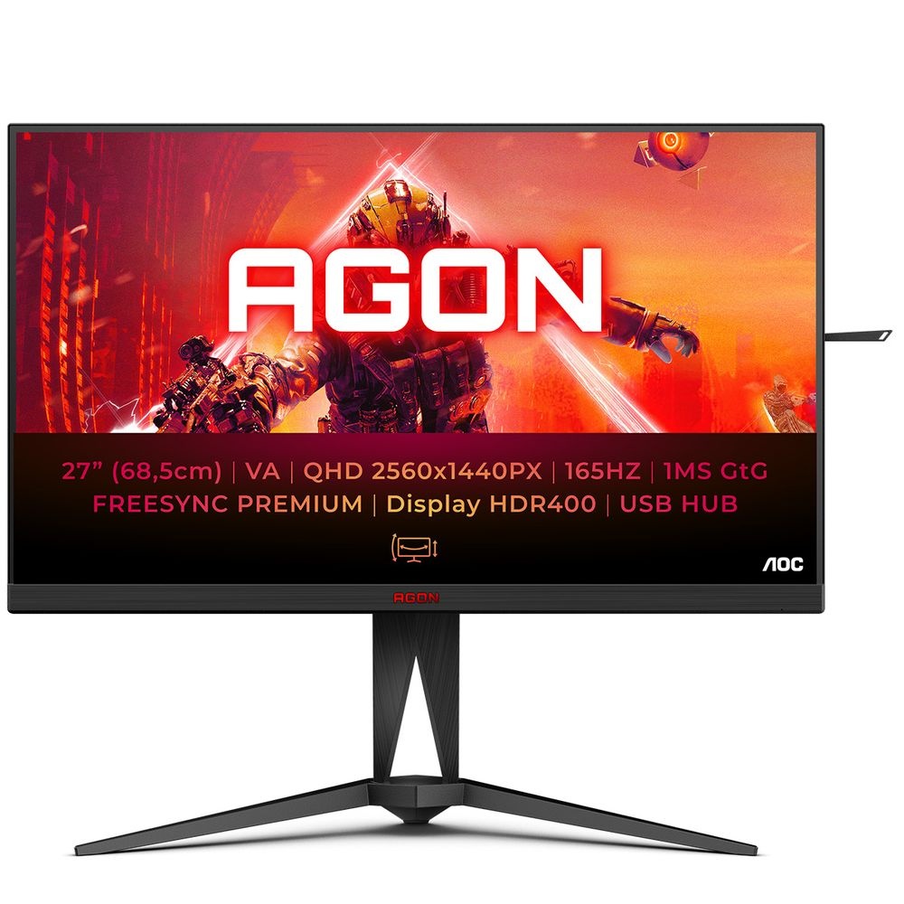 Монитор 27" AOC AG275QXN VA 2560x1440, 165 Гц, 1 мс, 16:9, 400 кд/м2, 2xHDMI, 1xDP, USB, 1x3.5 мм, ч