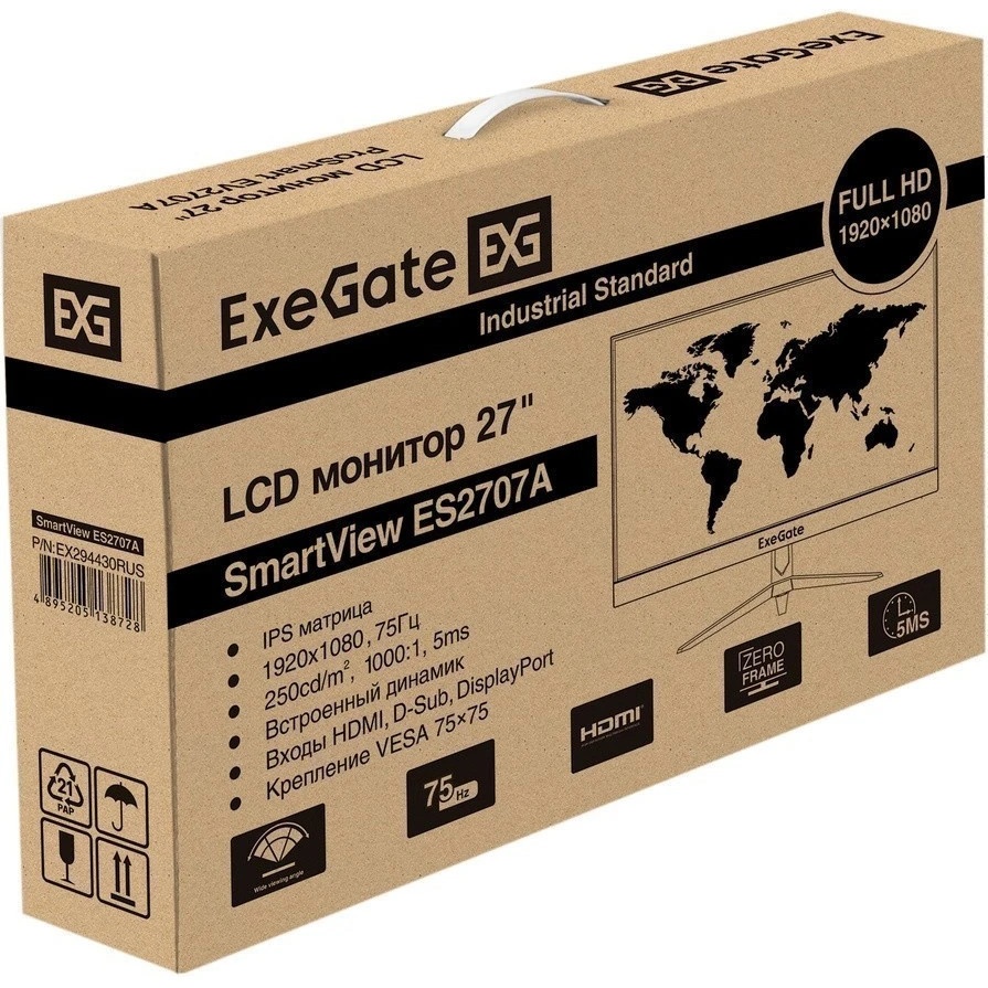 Монитор 27" ExeGate SmartView ES2707A IPS 1920x1080, 75 Гц, 5 мс, 16:9, 250 кд/м2, 1xHDMI, 1xDP, 1xV