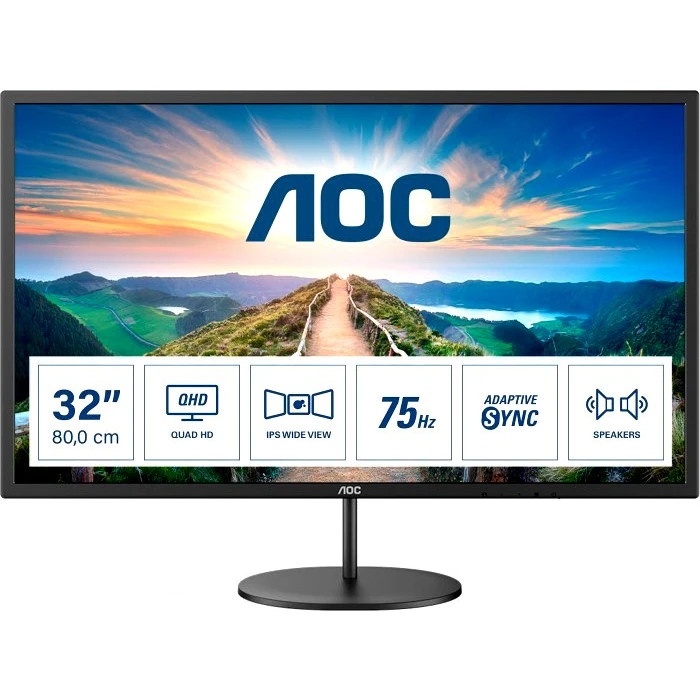 Монитор 31.5" AOC Q32V4 IPS 2560x1440, 75 Гц, 4 мс, 16:9, 250 кд/м2, 1xHDMI, 1xDP, 1x3.5 мм, черный