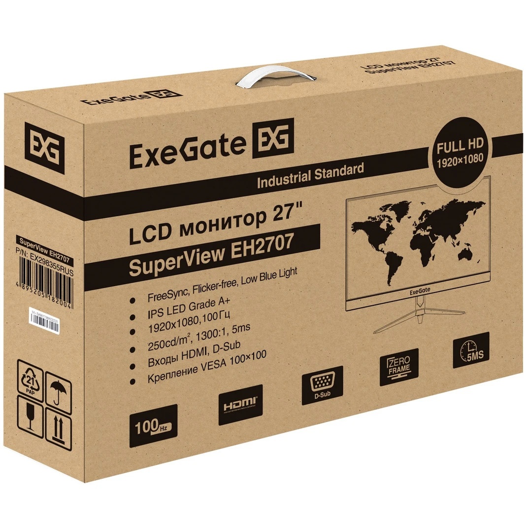Монитор 27" 100 Гц ExeGate SuperView EH2707 (IPS LED Grade A+, FHD, 1920x1080@100Гц, 16:9, 250cd/m2,