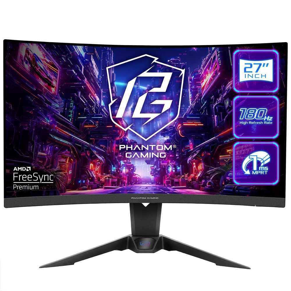 Монитор 27" ASRock Phantom Gaming PG27QRT2A VA 2560x1440, 180 Гц, 1 мс, 16:9, 300 кд/м², 2xHDMI, 1xD