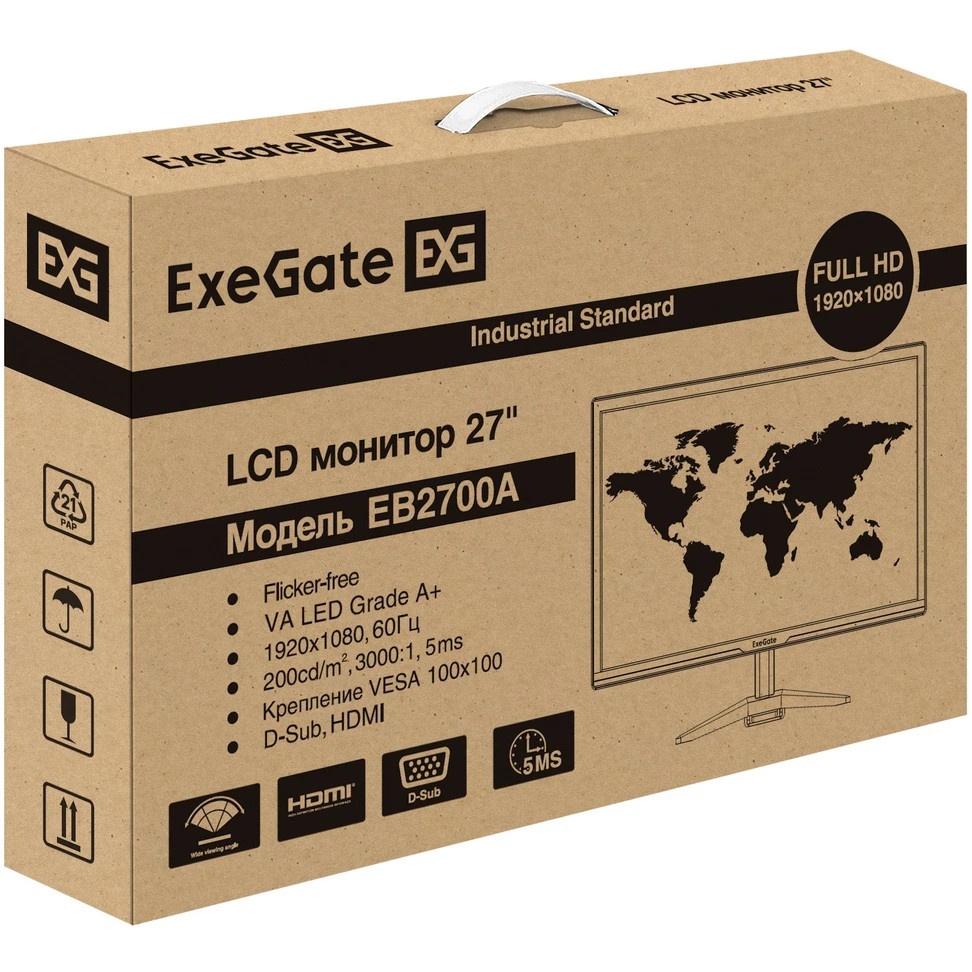 Монитор 27" ExeGate EB2700A VA 1920x1080, 75 Гц, 5 мс, 16:9, 200 кд/м², 1xHDMI, 1xVGA, черный