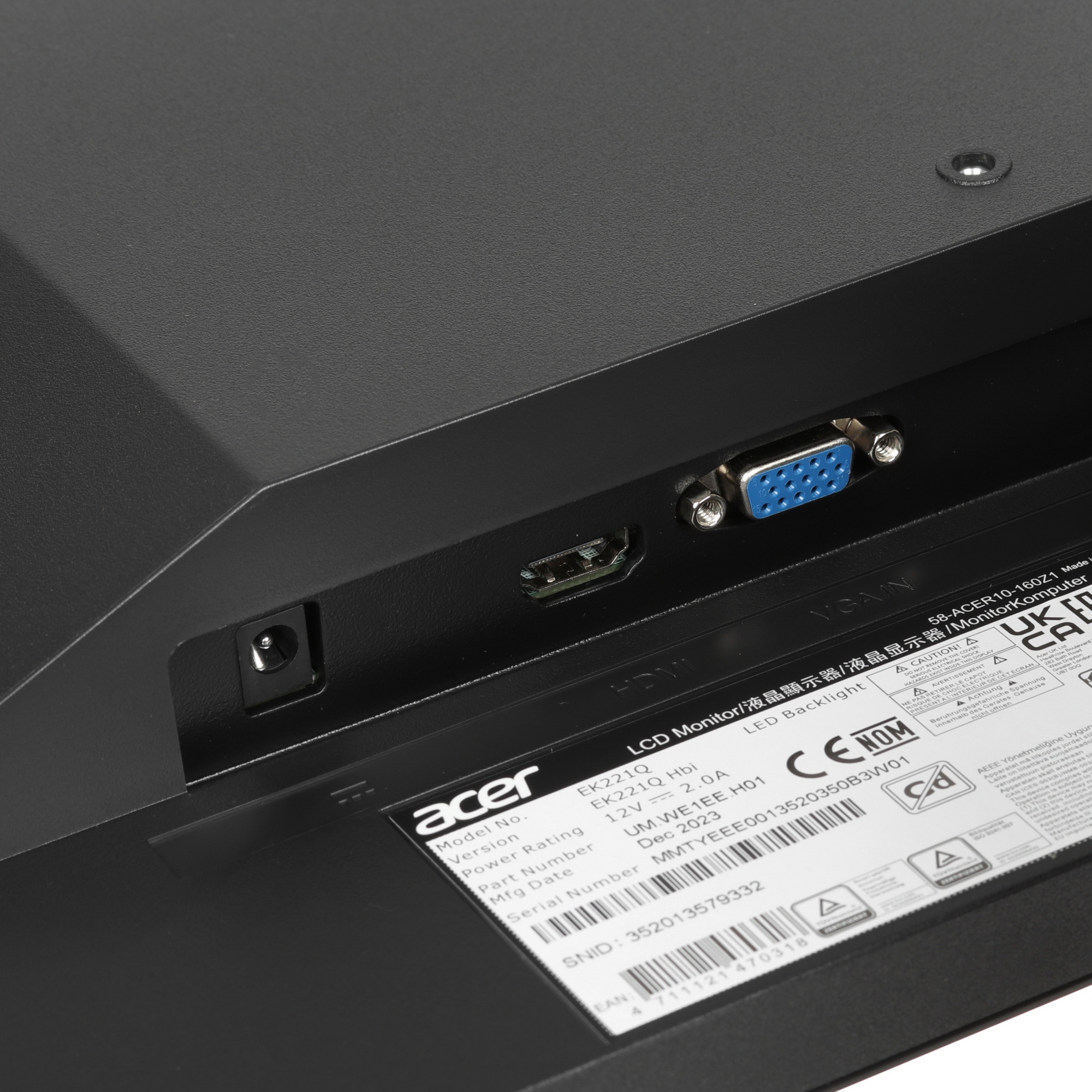 Монитор 21.5" Acer EK221QHbi VA 1920x1080, 100 Гц, 5 мс, 16:9, 250 кд/м², 1xVGA, 1xHDMI, черный