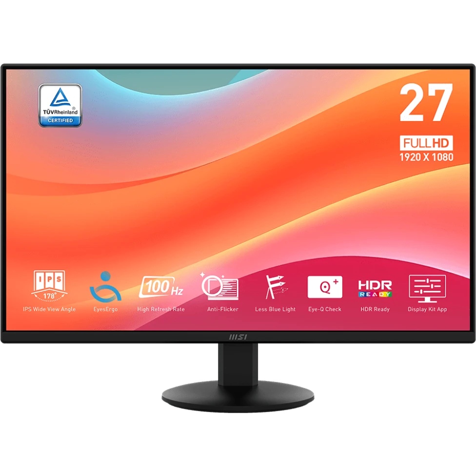 Монитор 27" MSI Pro MP272L IPS 1920x1080, 100 Гц, 4 мс, 16:9, 250 кд/м², HDMI 1.4b, DP 1.2a, 3.5 мм,