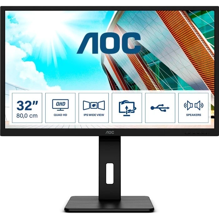 Монитор 31.5" AOC Q32P2 IPS 2560x1440, 75 Гц, 4 мс (GtG), 16:9, 250 кд/м², 2xHDMI 1.4, DP 1.2, USB H