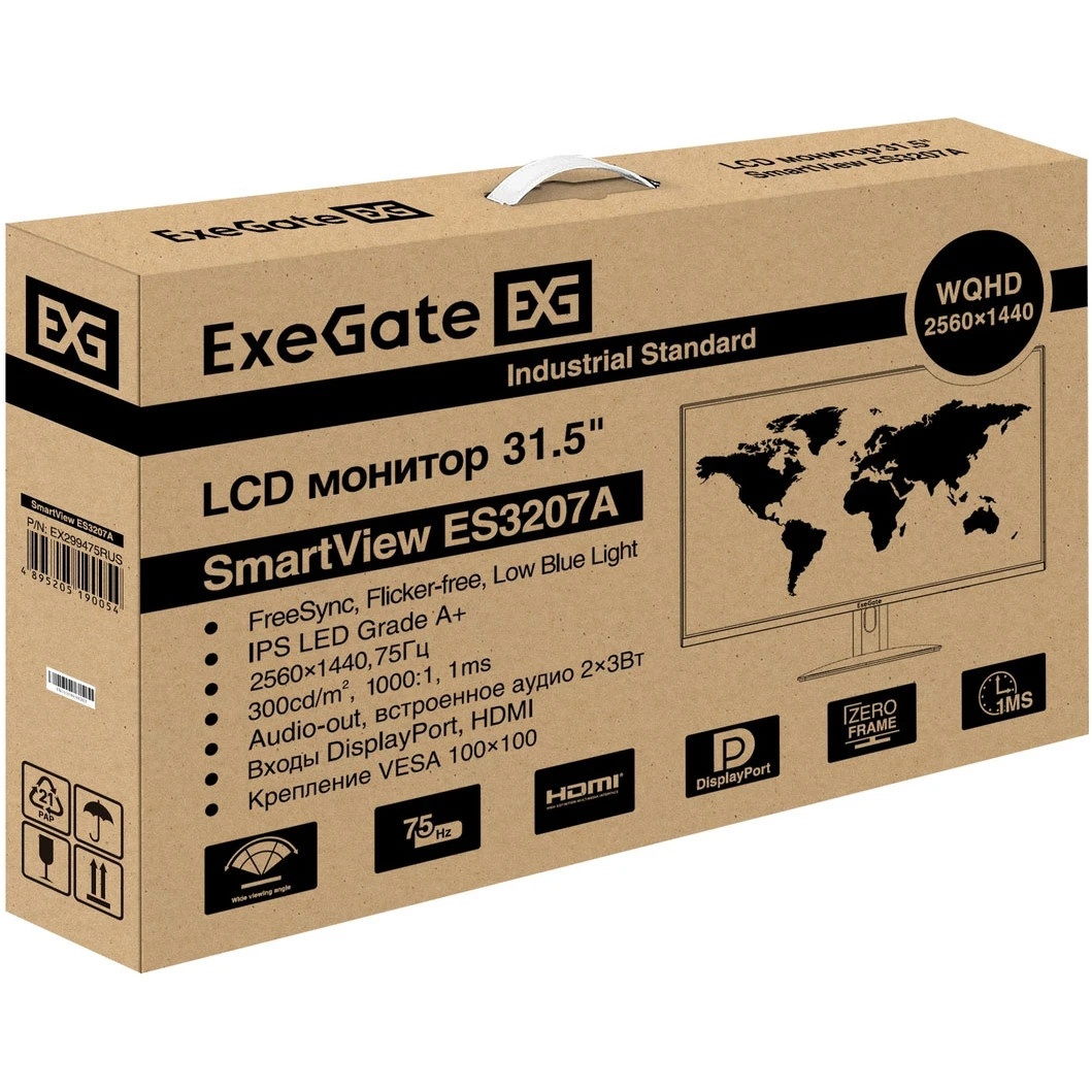 Монитор 31.5" ExeGate SmartView ES3207A IPS 2560x1440, 75 Гц, 1 мс, 16:9, 300 кд/м², HDMI 1.4, DP 1.