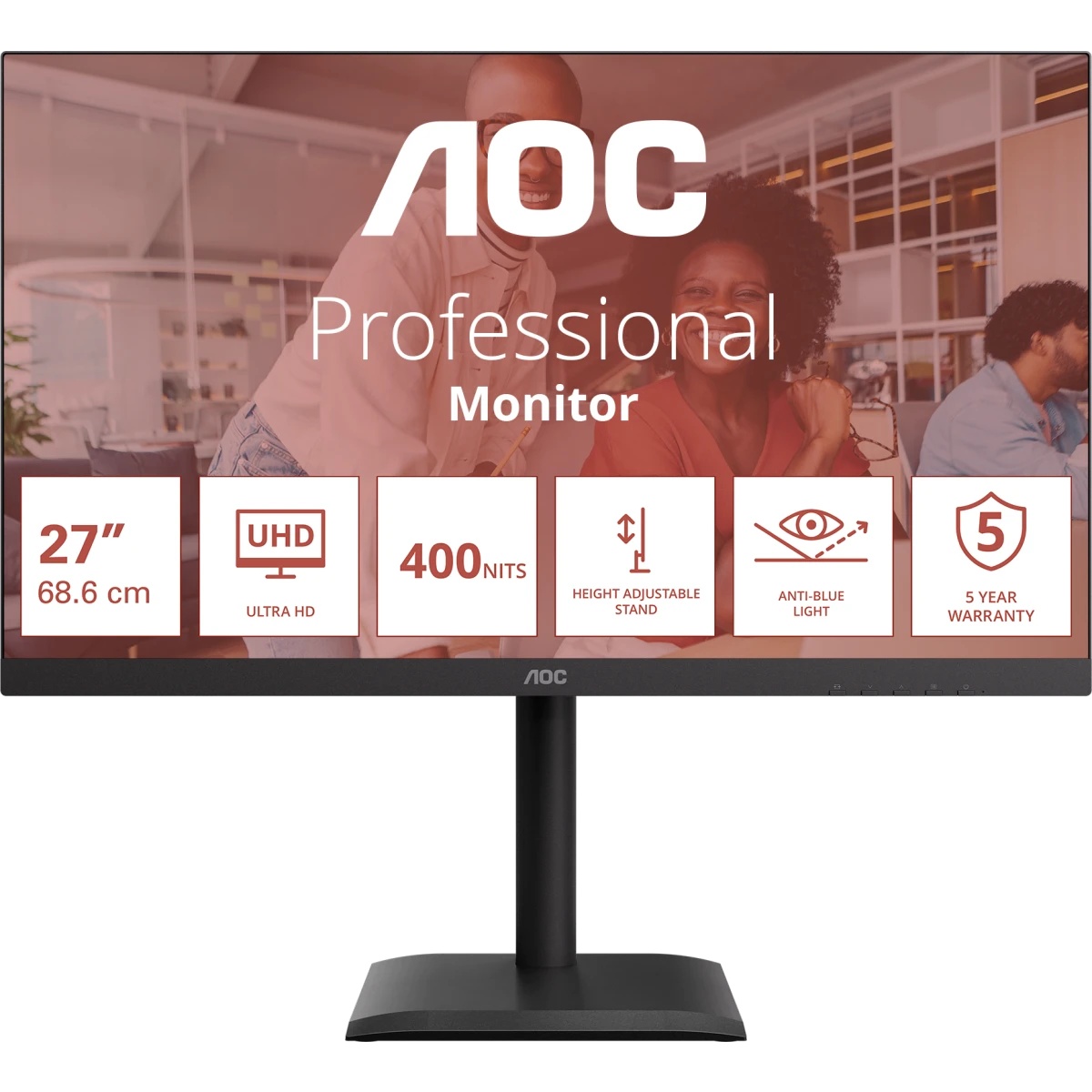Монитор 27" AOC U27E4CV IPS 3840x2160, 60 Гц, 4 мс, 16:9, 400 кд/м², 2xHDMI 2.0, DP 1.4, DP Out, USB