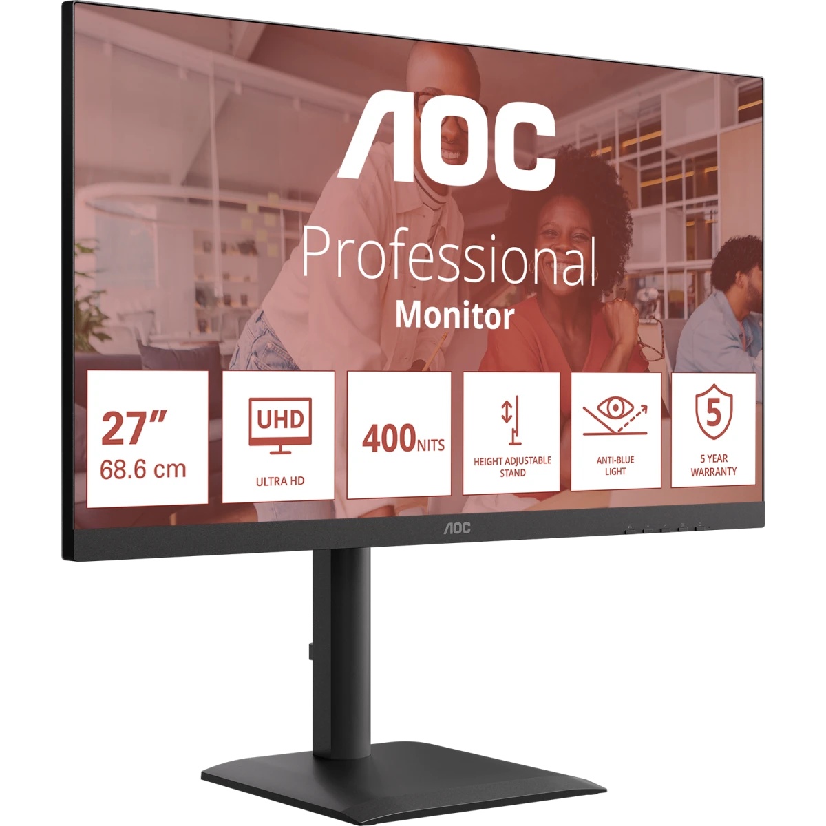 Монитор 27" AOC U27E4CV IPS 3840x2160, 60 Гц, 4 мс, 16:9, 400 кд/м², 2xHDMI 2.0, DP 1.4, DP Out, USB