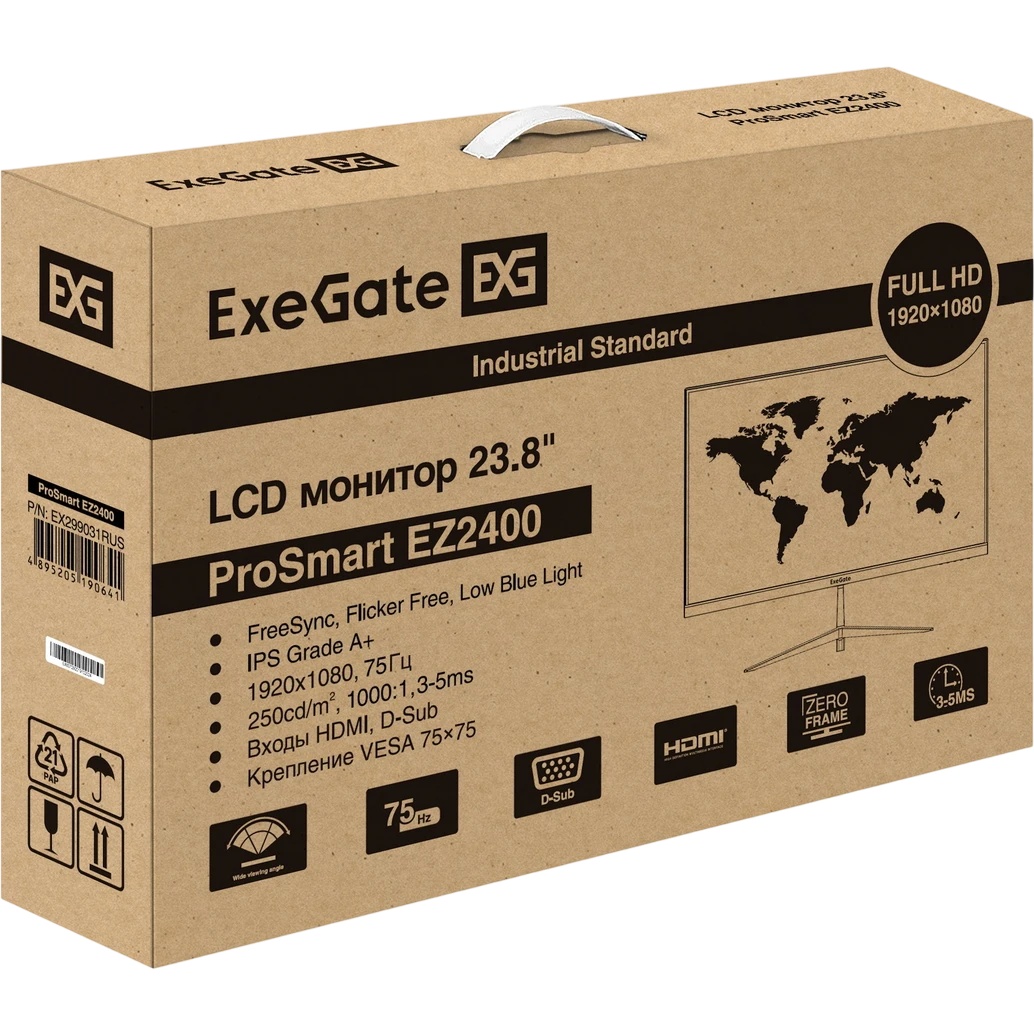 Монитор 23.8" ExeGate ProSmart EZ2400 (IPS LED Grade A+, FHD, 1920x1080@75Гц, 16:9, 250cd/m2, 1000:1
