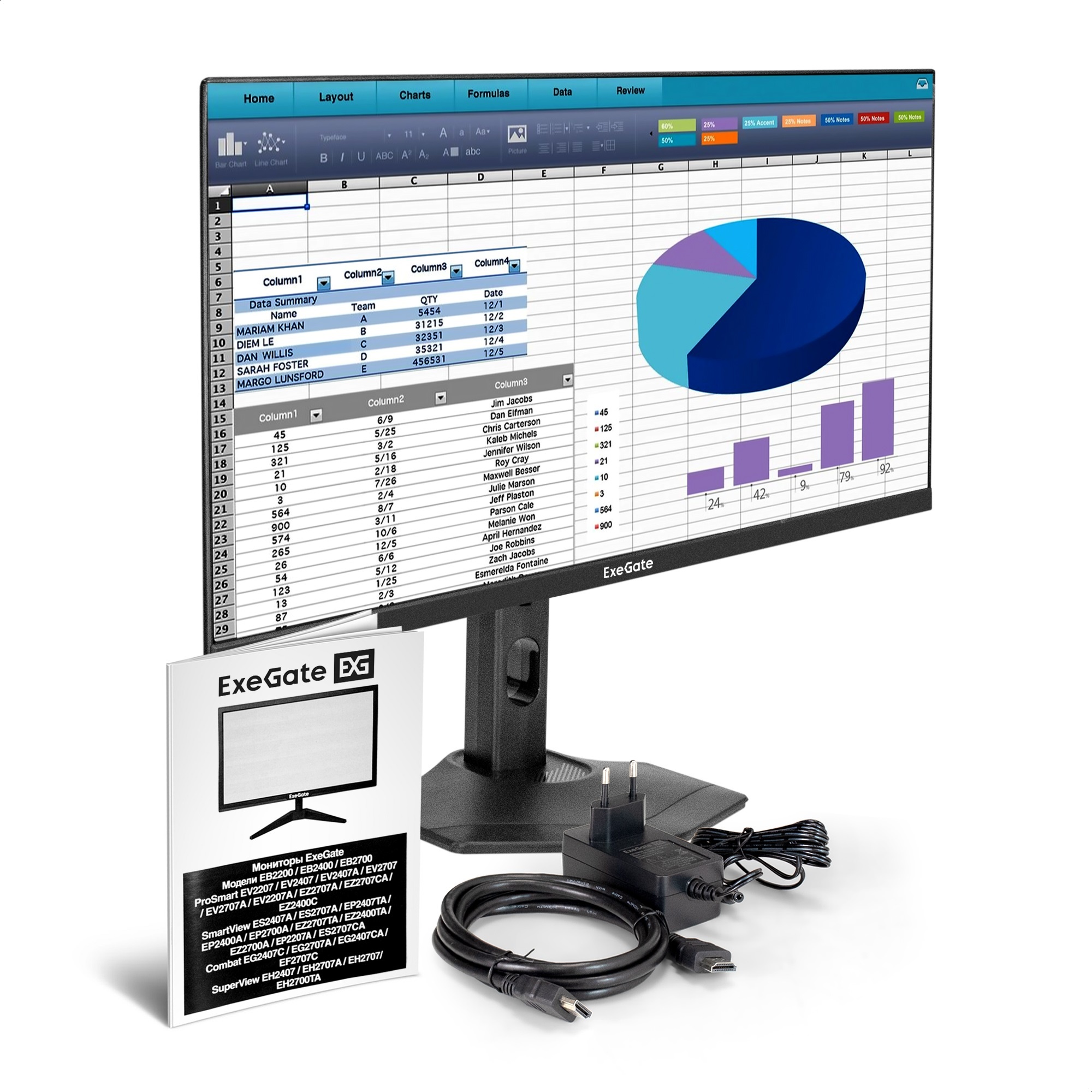 Монитор 23.8" ExeGate ProSmart EZ2400C IPS 1920x1080, 75 Гц, 3 мс, 16:9, 250 кд/м², VGA, HDMI 2.0, D
