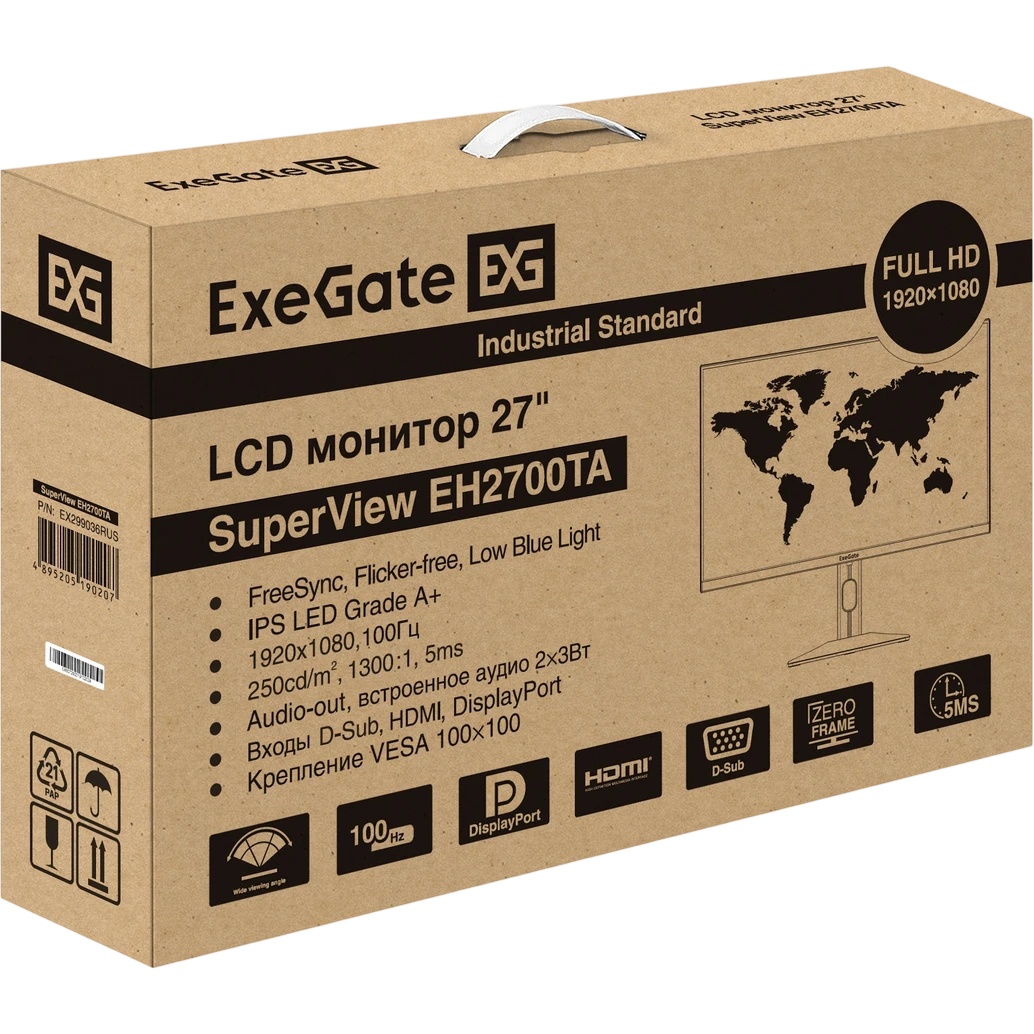 Монитор 27" 100 Гц ExeGate SuperView EH2700TA (IPS LED Grade A+, FHD, 1920x1080@100Гц, 16:9, 250cd/m