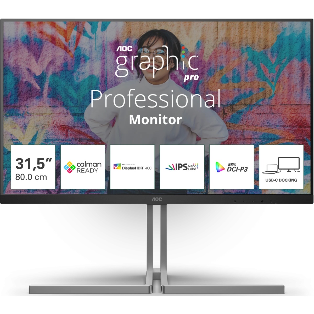 Монитор 31.5" AOC U32U3CV IPS 3840x2160, 60 Гц, 4 мс, 16:9, 400 кд/м², 2xHDMI 2.0, DP 1.4, USB-C, 3.