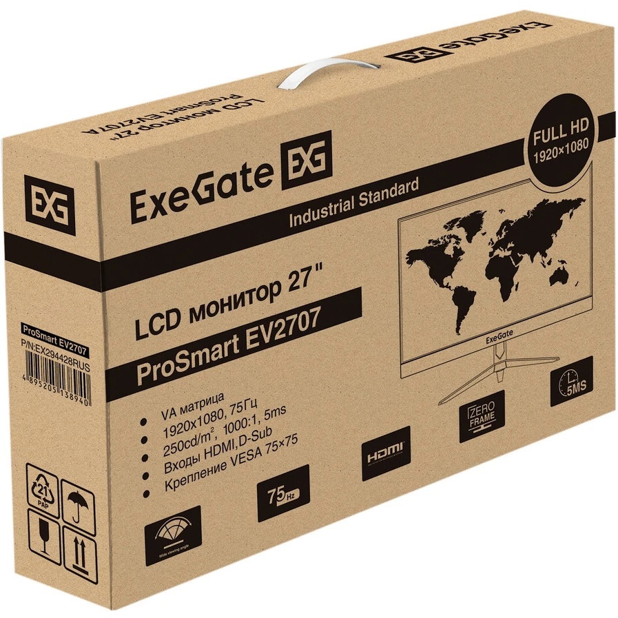 Монитор 27" ExeGate ProSmart EZ2700 (IPS LED Grade A+, FHD, 1920x1080@75Гц, 16:9, 250cd/m2, 1000:1,