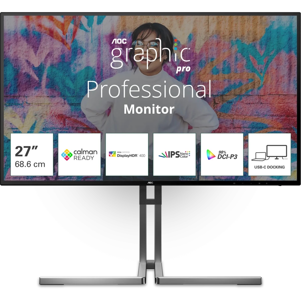 Монитор 27" AOC U27U3CV Black (4K, Nano IPS, 3840x2160, 60Hz, 4 ms, 178°/178°, 400 cd/m, 1300:1 50M:1,2xHDMI 2.0, +DisplayPort 1.4,  DP Out, 4 x USB3.2 type A Gen2, USB-C Docking  (96Вт), LAN, SPK, Pivot)