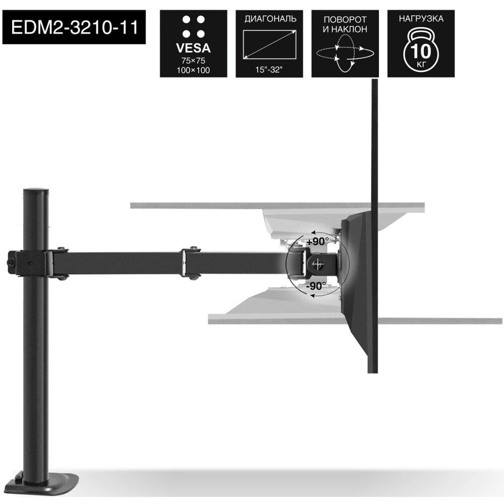 Настольное крепление ExeGate EDM2-3210-11 (кронштейн для двух мониторов 15"-32", VESA 75x75, 100x100