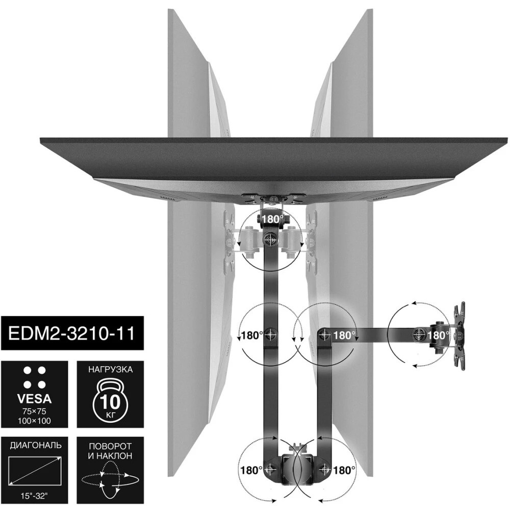 Настольное крепление ExeGate EDM2-3210-11 (кронштейн для двух мониторов 15"-32", VESA 75x75, 100x100