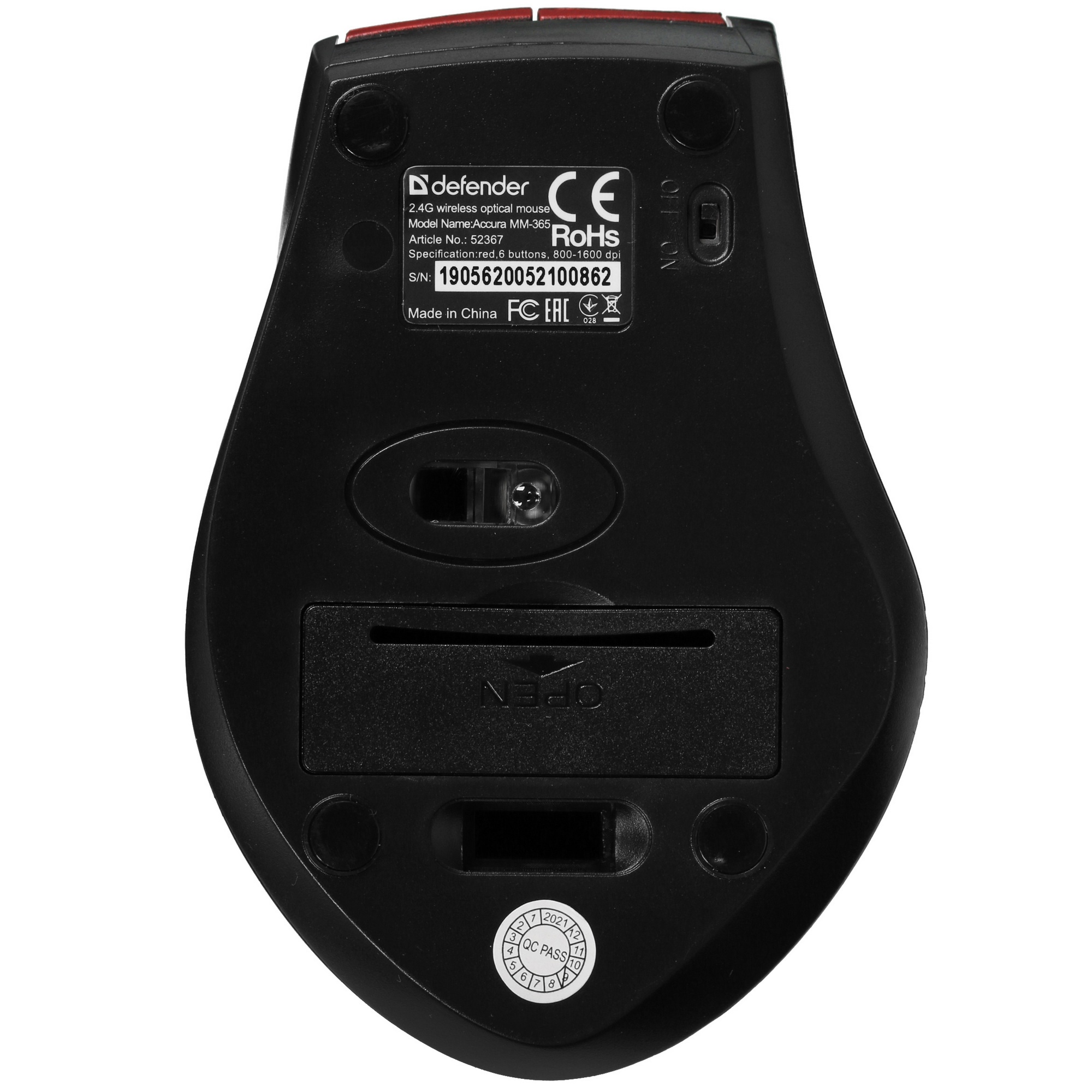 Мышь беспроводная Defender Accura MM-365 красный, 1600 dpi, радиоканал, USB, кнопки - 6
