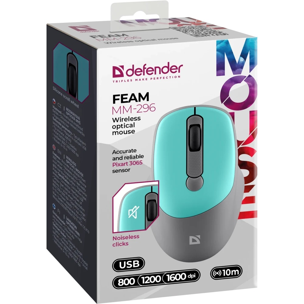 Мышь беспроводная Defender Feam MM-296 мятный, 1600 dpi, радиоканал, USB, кнопки - 4