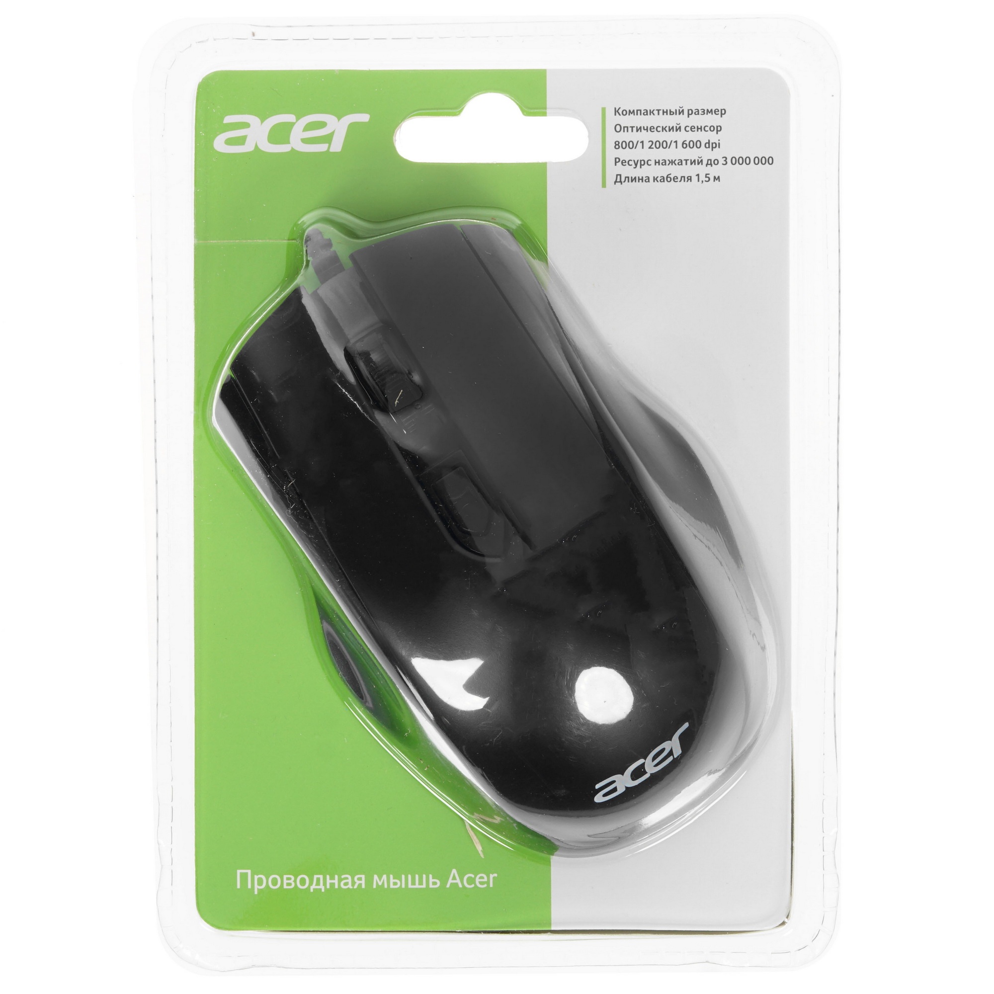 Мышь проводная Acer OMW020 черный, 1600 dpi, USB, кнопки - 4