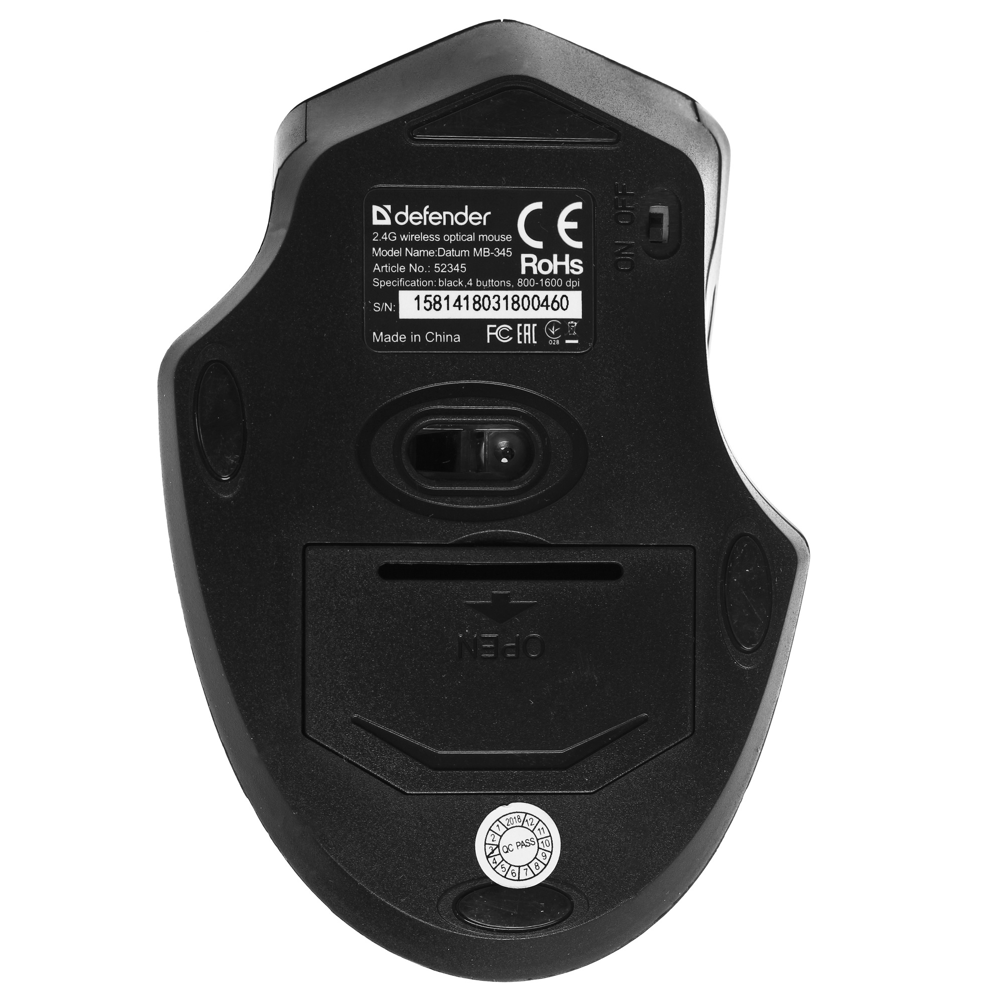 Мышь беспроводная Defender Datum MB-345 черный, 1600 dpi, радиоканал, USB, кнопки - 4