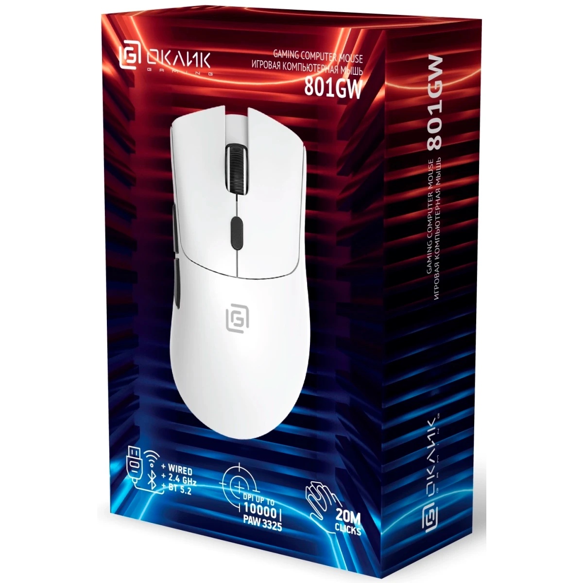 Мышь беспроводная Oklick 801GW белый, 10000 dpi, радиоканал, Bluetooth, USB, кнопки - 6
