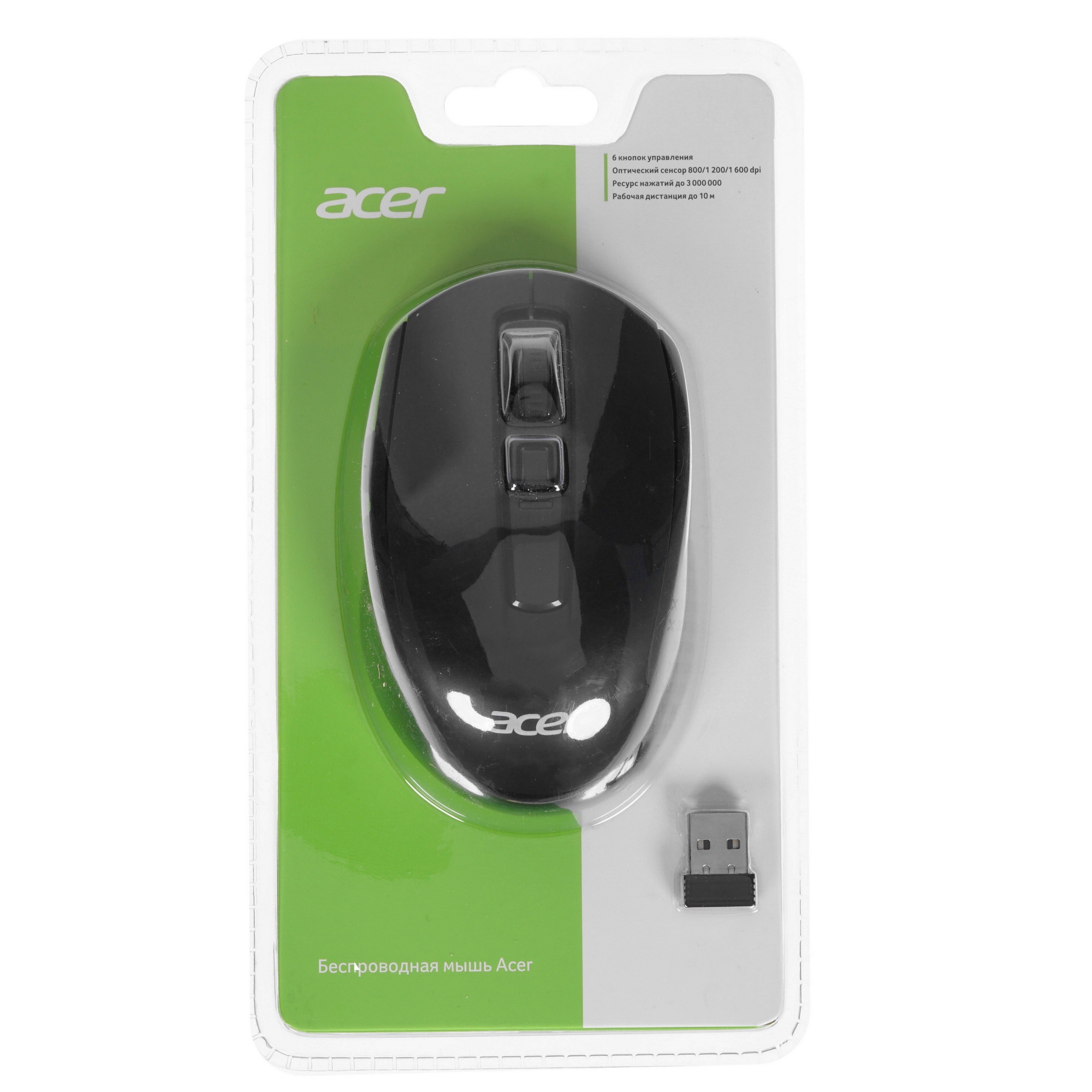Мышь беспроводная Acer OMR060 черный, 1600 dpi, радиоканал, USB, кнопки - 6