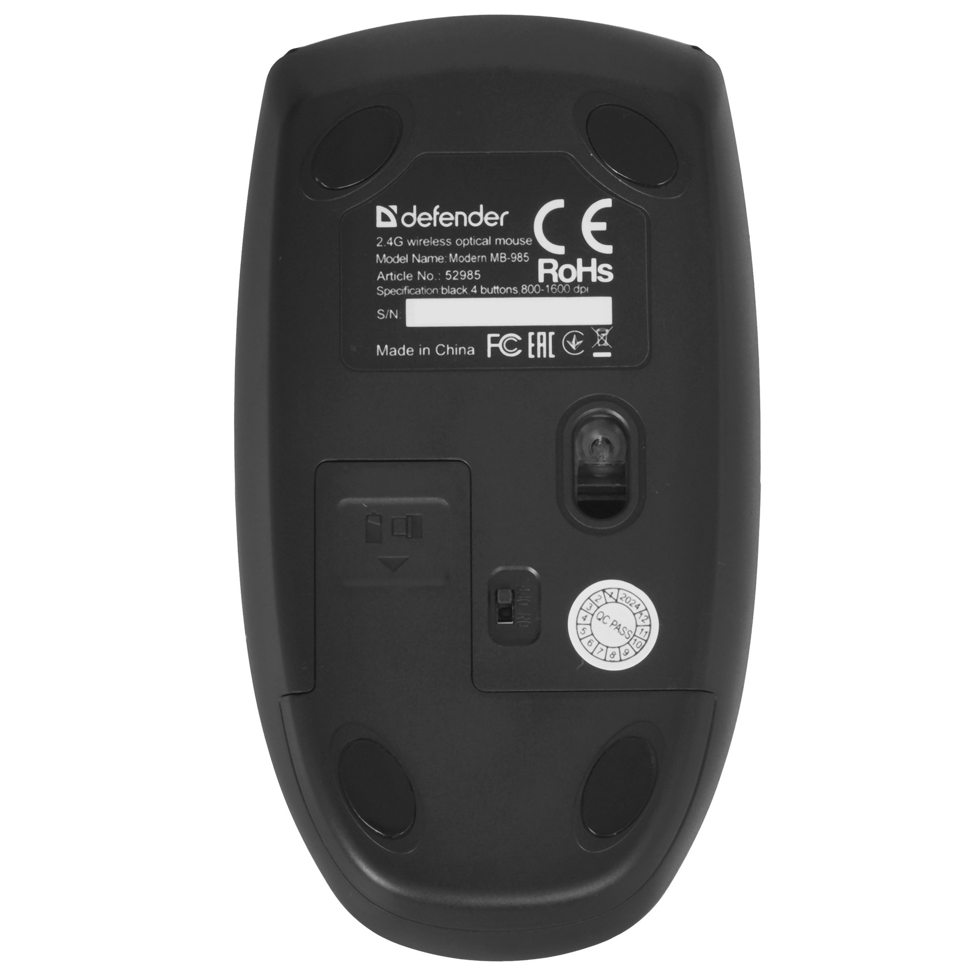 Мышь беспроводная Defender Modern MB-985 черный, 1600 dpi, радиоканал, USB, кнопки - 4