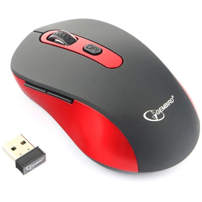 Мышь беспроводная Gembird MUSW-221-R черный/красный, 1600 dpi, радиоканал, USB, кнопки - 6