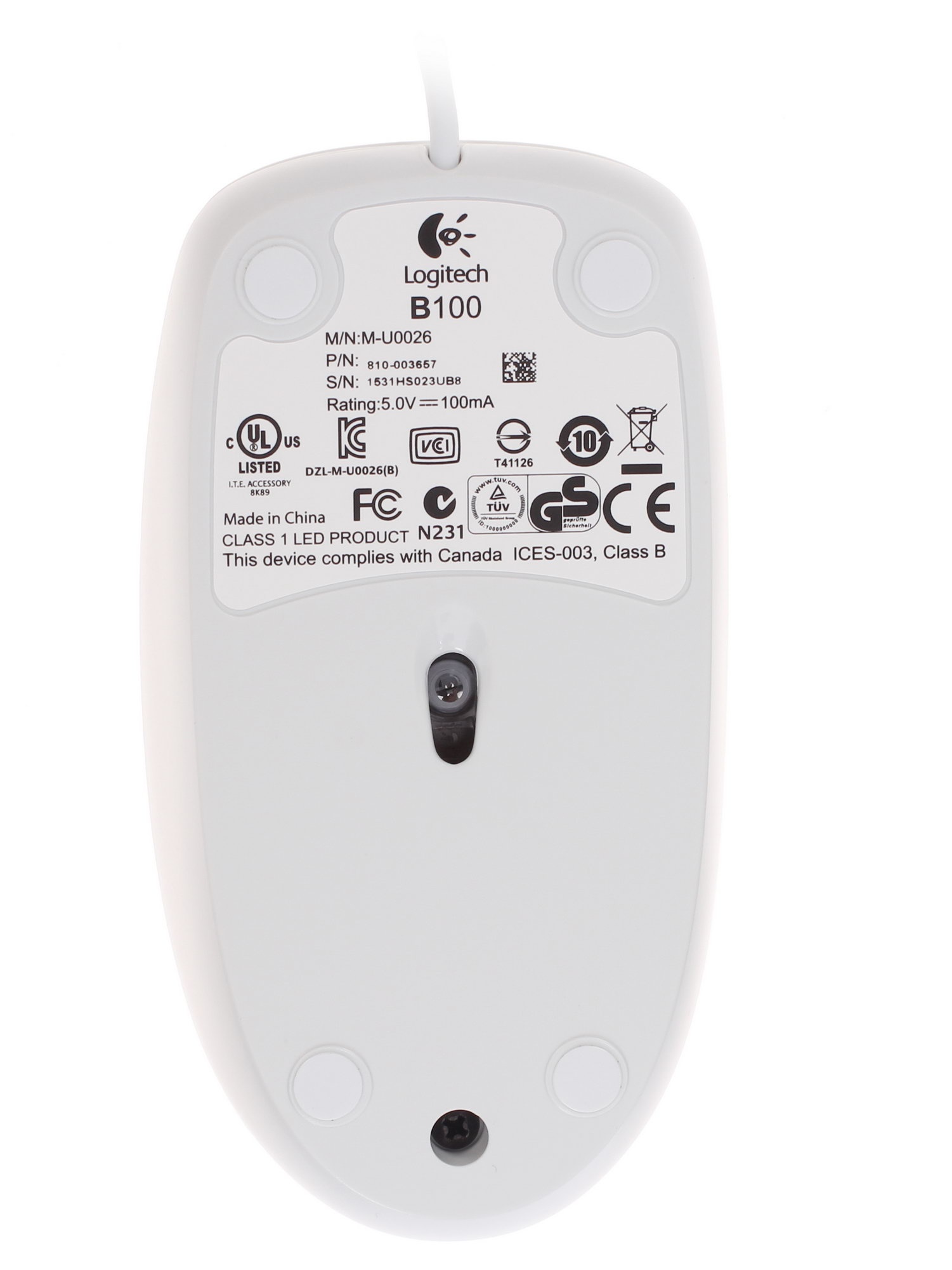 Мышь проводная Logitech B100 белый, 1000 dpi, USB, кнопки - 3