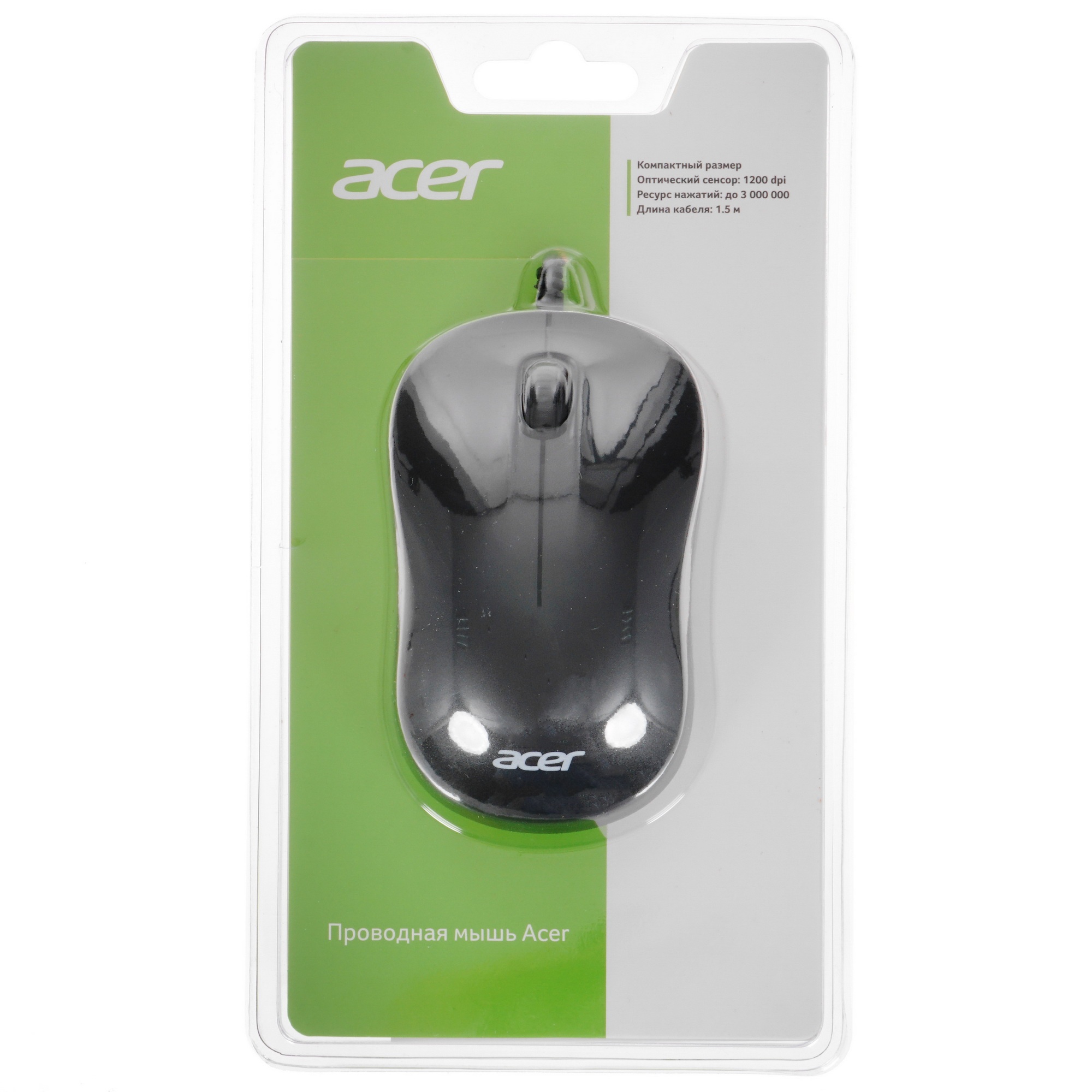 Мышь проводная Acer OMW140 черный, 1200 dpi, USB, кнопки - 3
