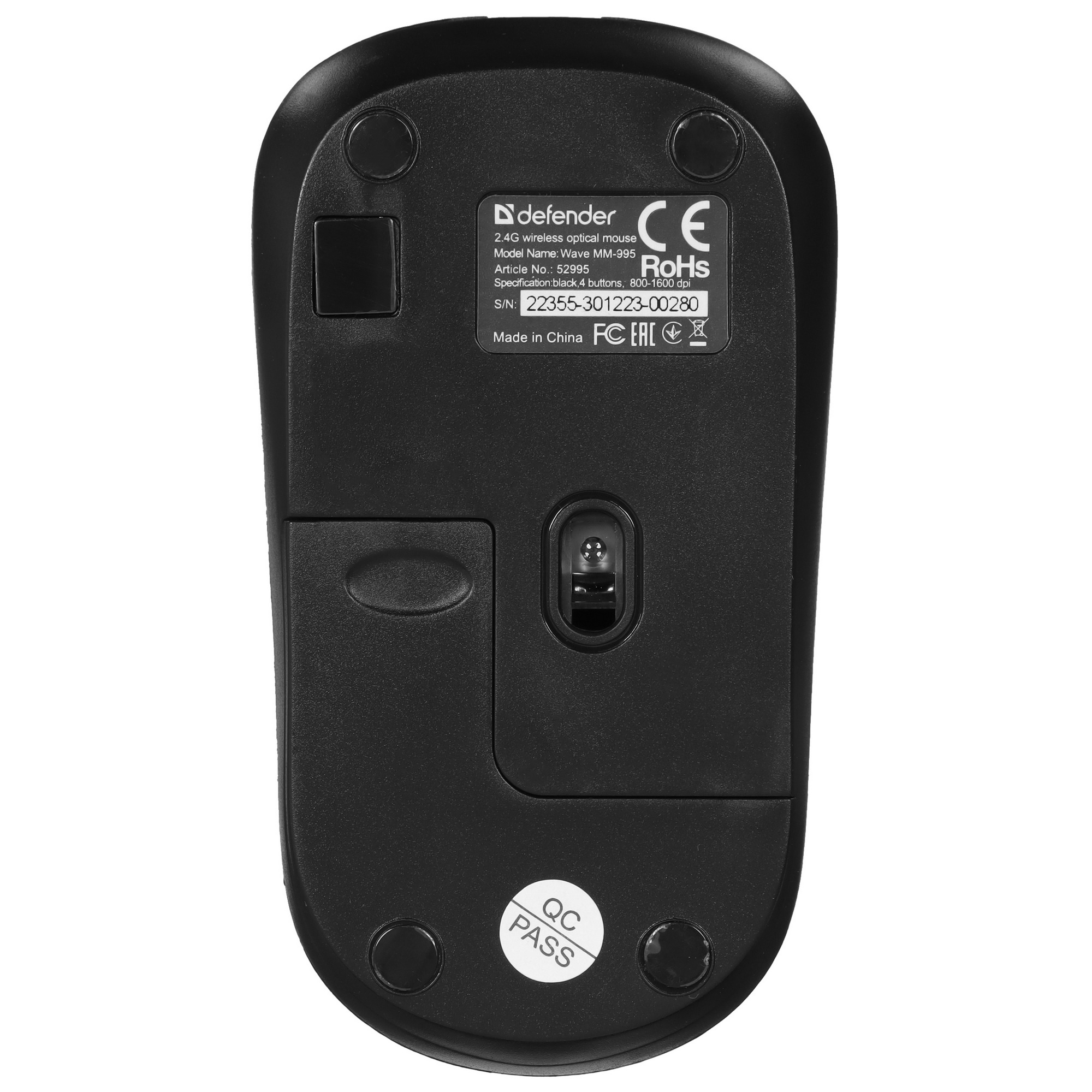 Мышь беспроводная Defender Wave MM-995 черный, 1600 dpi, радиоканал, USB, кнопки - 4