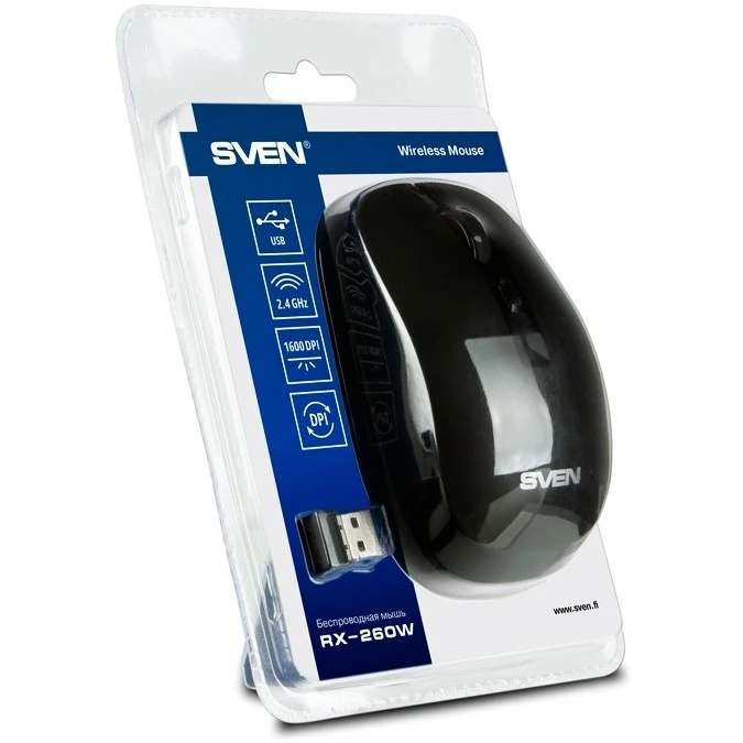 Мышь беспроводная SVEN RX-260W чёрная (3+1 кл. 800/1200/1600DPI, блист.)