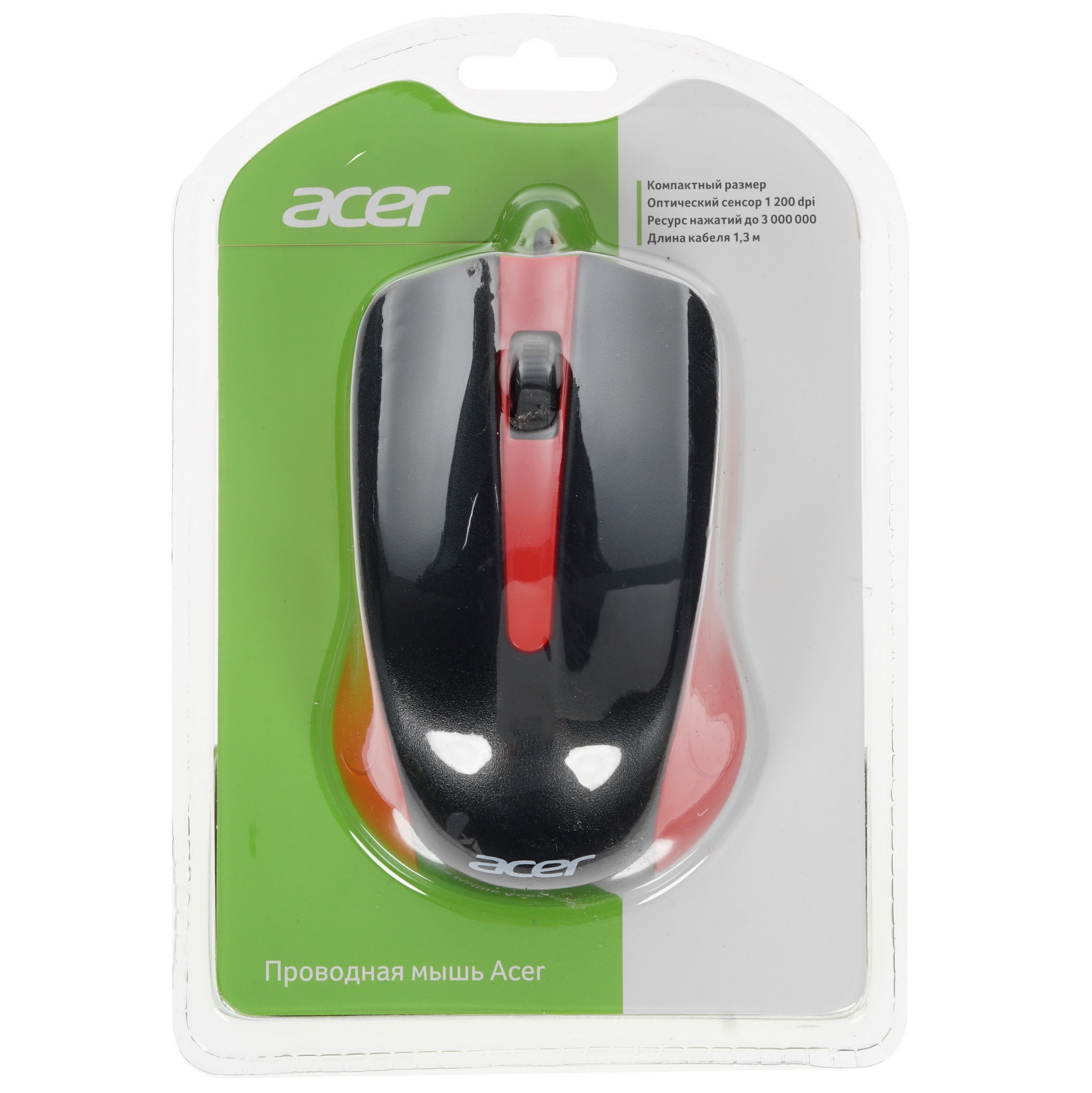 Мышь проводная Acer OMW012 черный/красный, 1200 dpi, USB, кнопки - 3