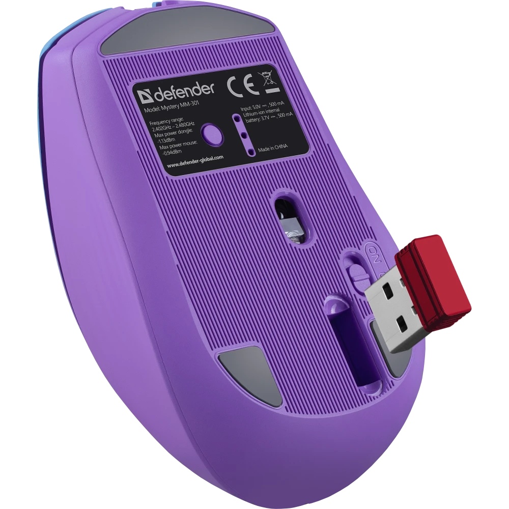 Мышь беспроводная Defender Mystery MM-301 фиолетовый, 1600 dpi, радиоканал, Bluetooth, USB, кнопки -