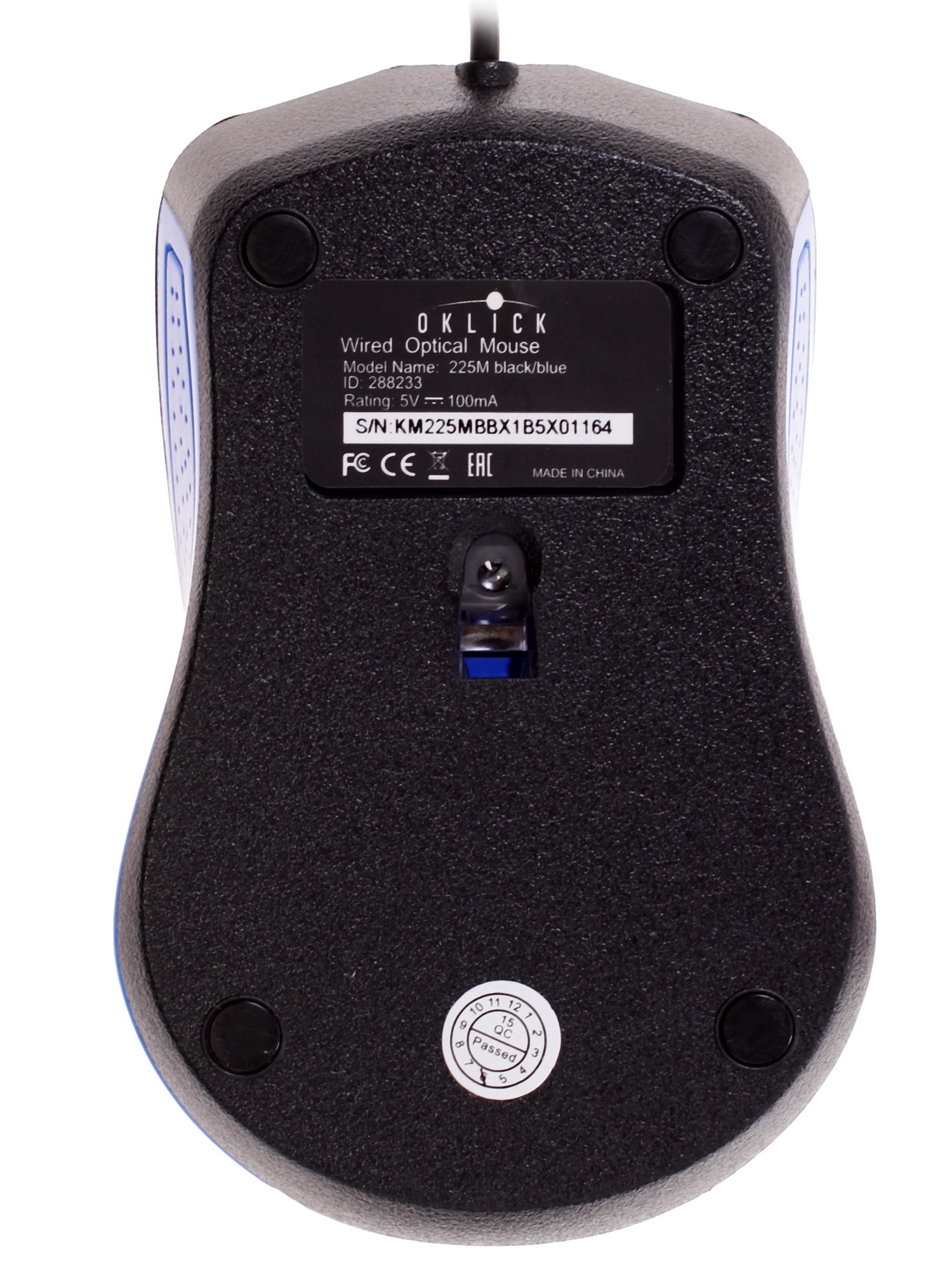 Мышь проводная Oklick 225M черный/синий, 1200 dpi, USB, кнопки - 3