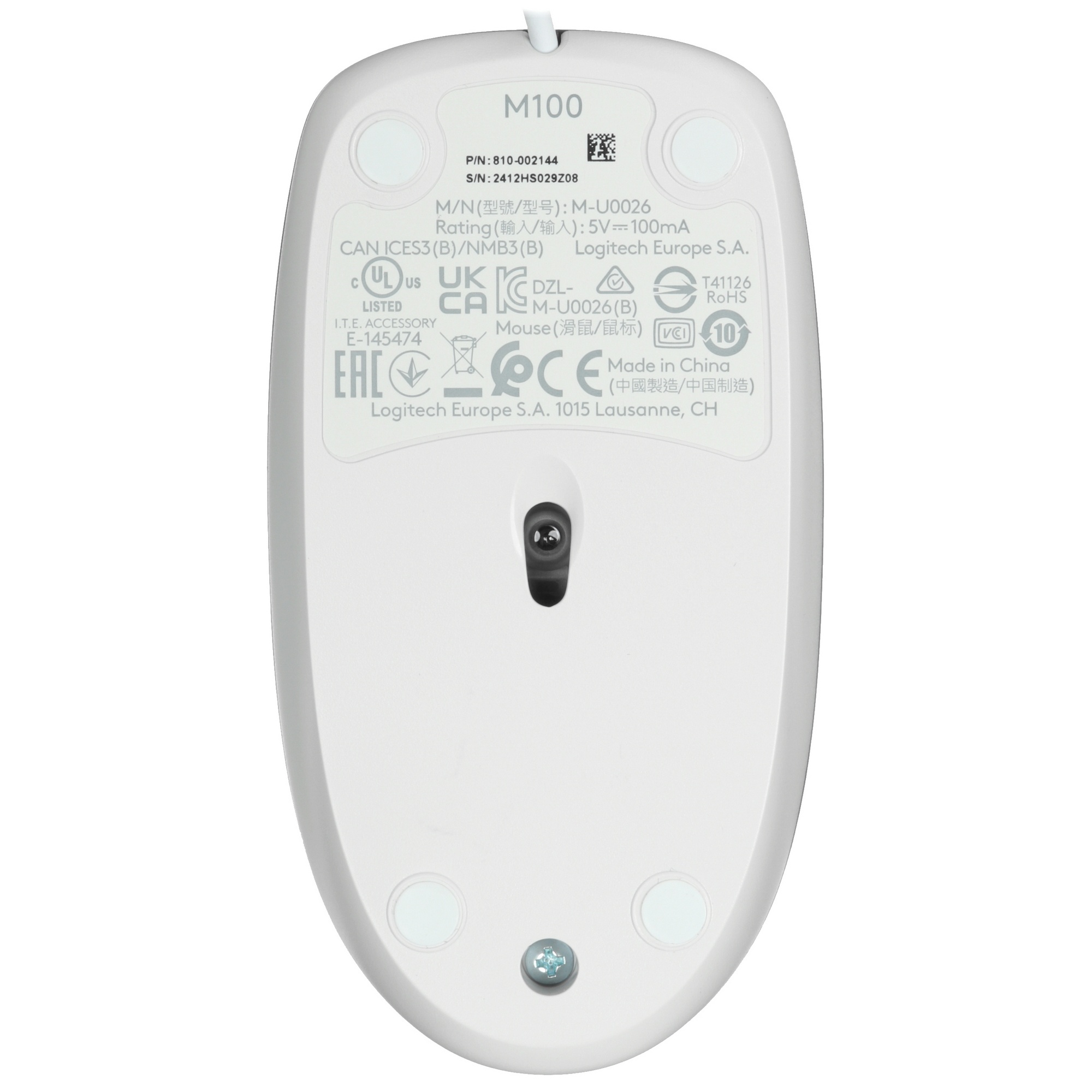 Мышь проводная Logitech M100 белый, 1000 dpi, USB, кнопки - 3