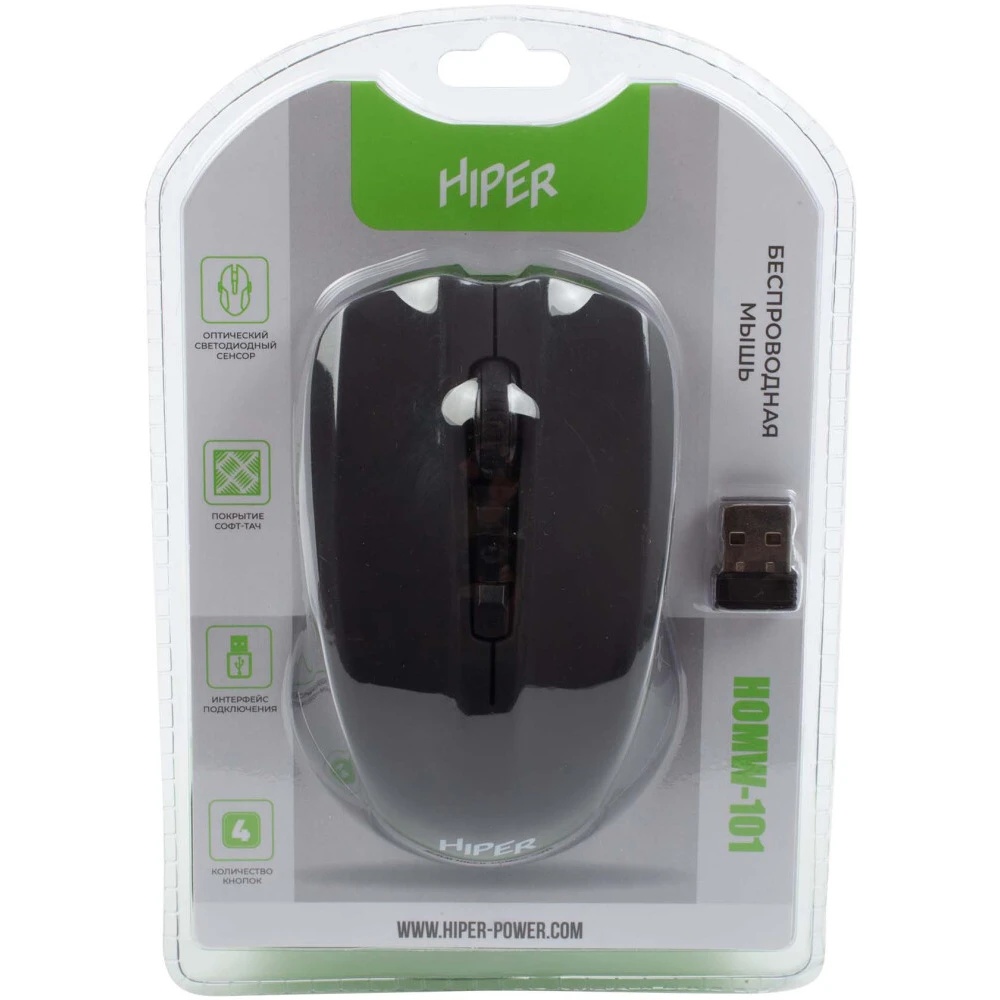 Мышь беспроводная HIPER HOMW-101 /1000-1600 dpi/оптический/4 кнопки/Soft-touch покрытие/USB-приемник