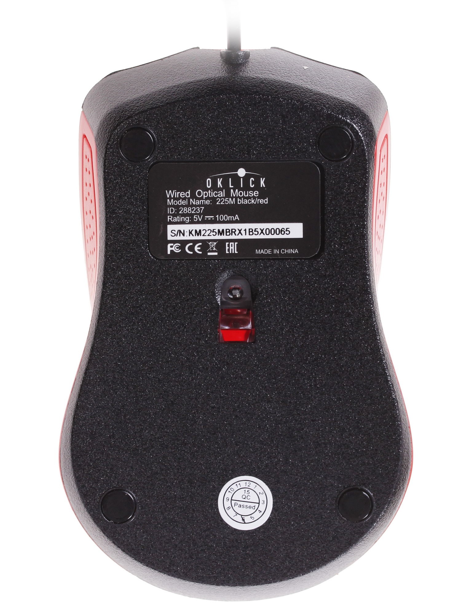 Мышь проводная Oklick 225M черный/красный, 1200 dpi, USB, кнопки - 3